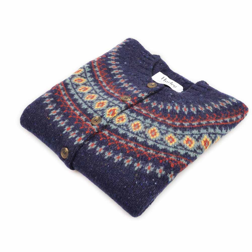 Harley of Scotland Damen Strickjacke Blau Fairisle