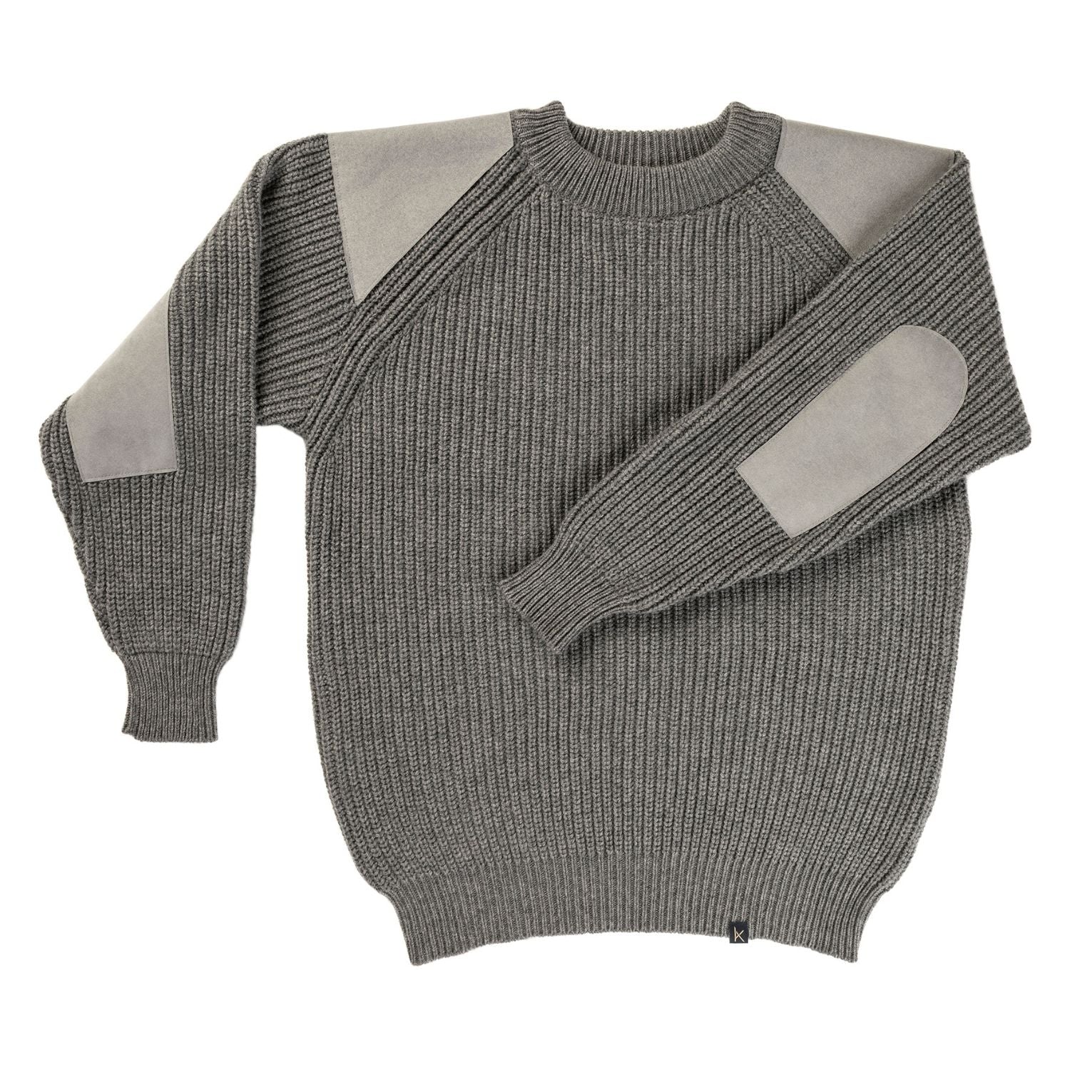 Gerippte Herren Kaschmir Pullover Angler im Grau mit Ellbogenflicken