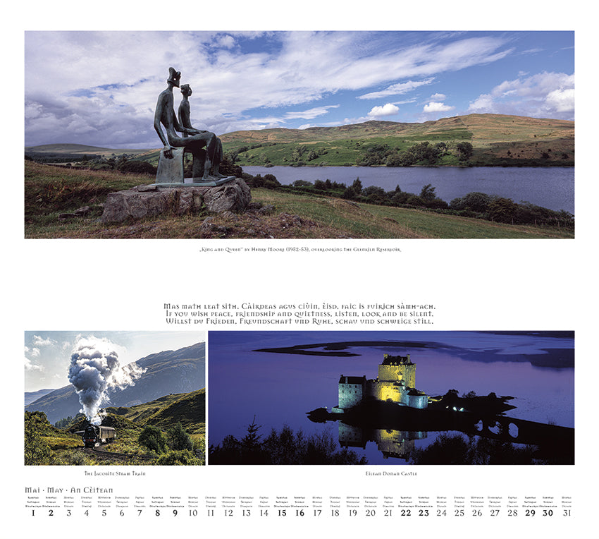 Heinz Fesl Schottland Wandkalender 2027 — aufgeklappter Kalender 49 x 45 cm mit Gedichten in Gälisch, Englisch und Deutsch