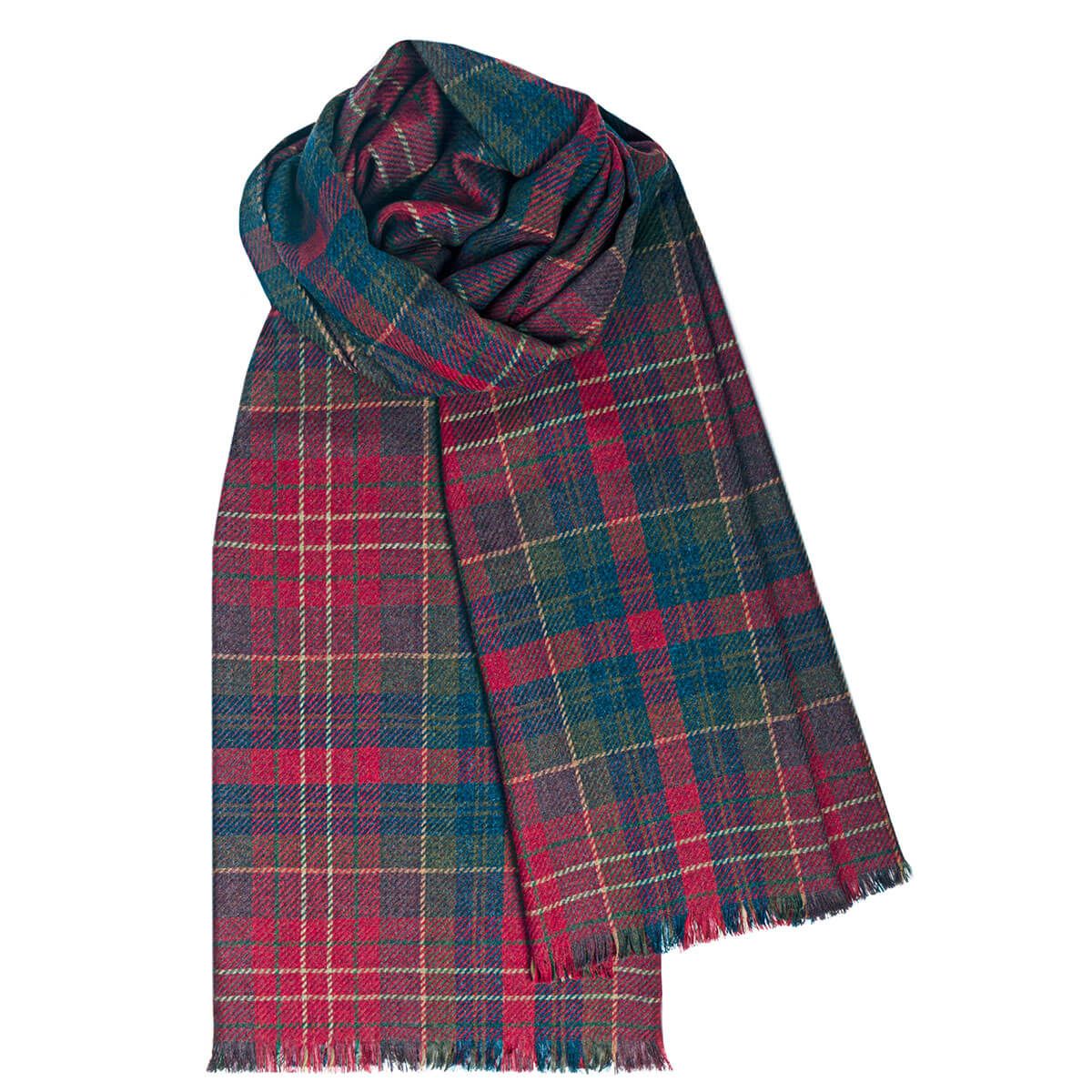 Lochcarron Wolle Kaschmir Stola Caledonia Ruby Tartan — rot-grünes Tartanmuster, 95% Wolle 5% Kaschmir, 210×60 cm, Made in Scotland