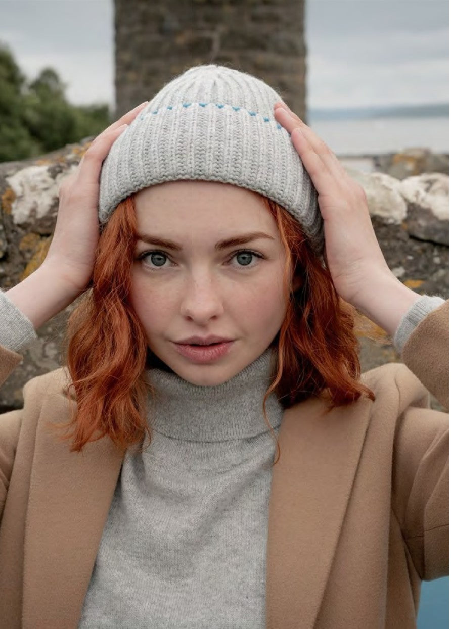 Kaschmir Mütze Chunky Gerippte Grau Türkis