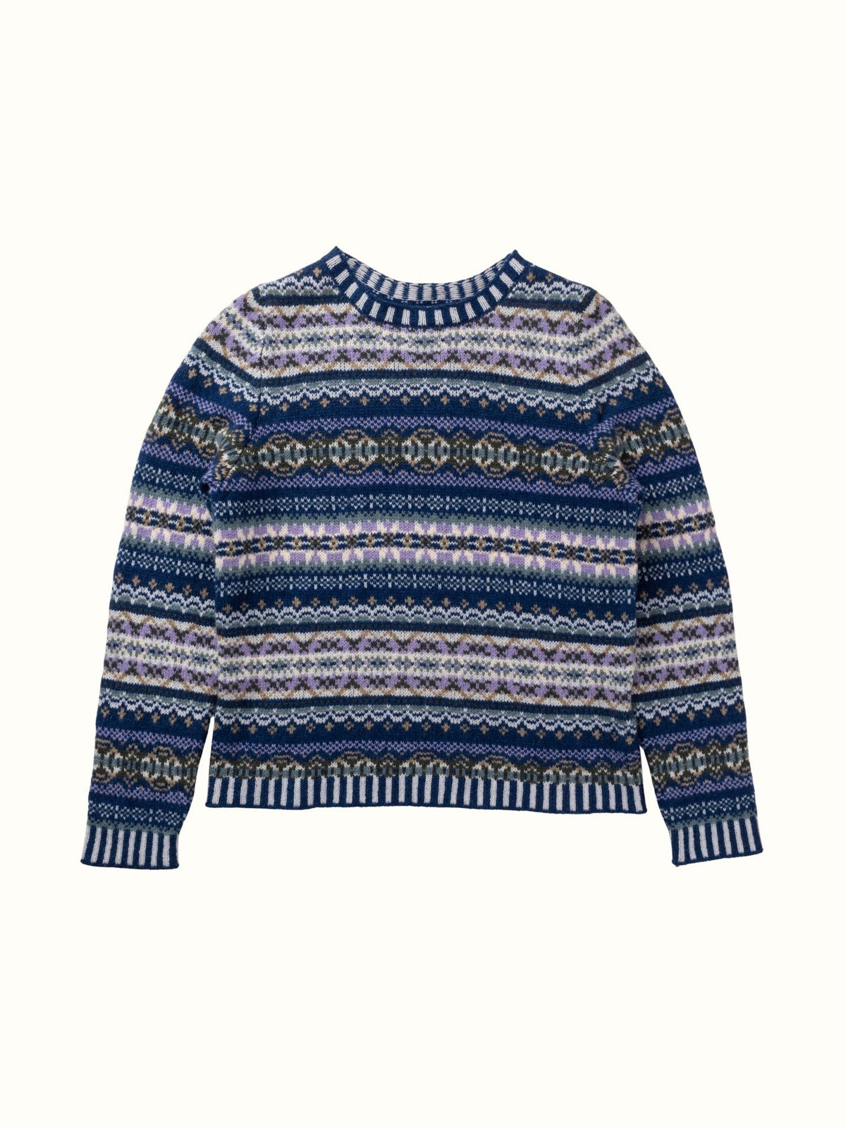 Eribé Damen Kinross Fair Isle Pullover Sapphire — Marine und Flieder, 100% Superfine Merino-Lammwolle