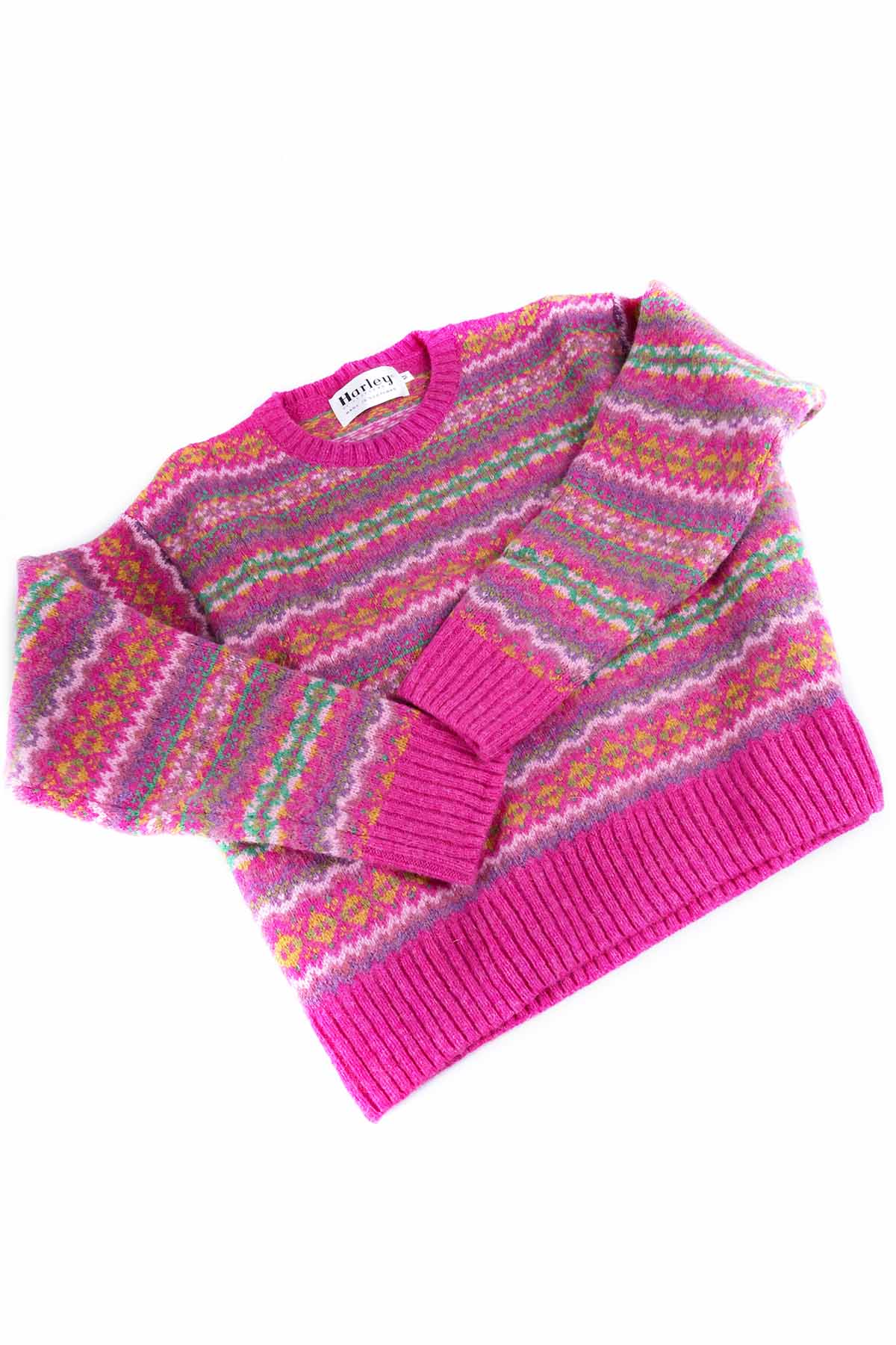 Harley of Scotland Fairisle Pullover Rosa Lippenstift | Reine Schurwolle