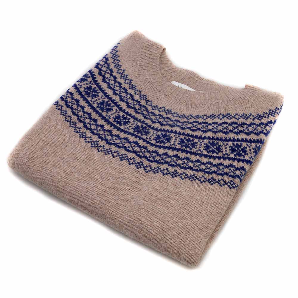 Fairisle Pullover | Superfine Schurwolle Beige Blau