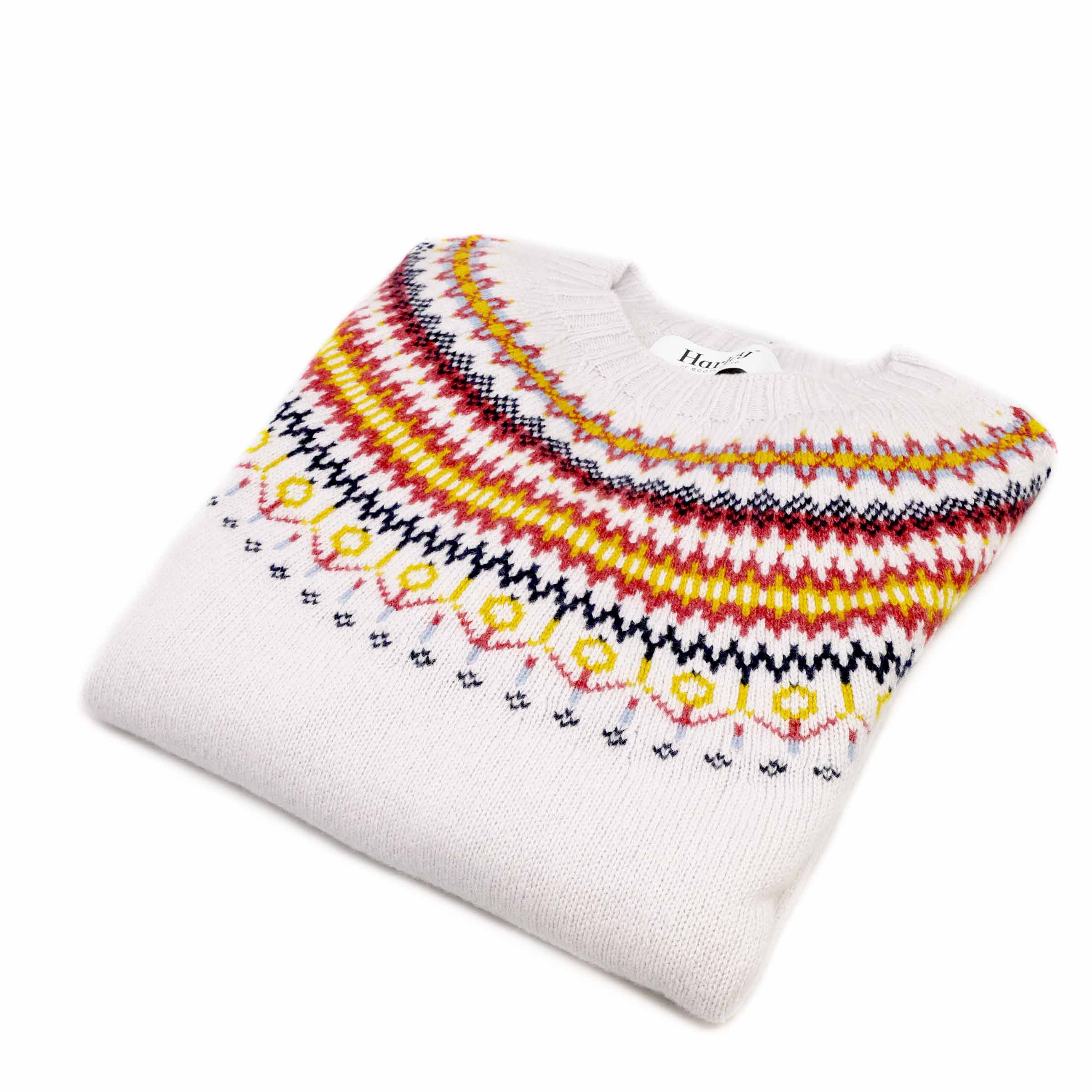 Harley of Scotland Pull femme Superfine « Fairisle » couleur platine — plié, en laine vierge Superfine fine, Made in Scotland