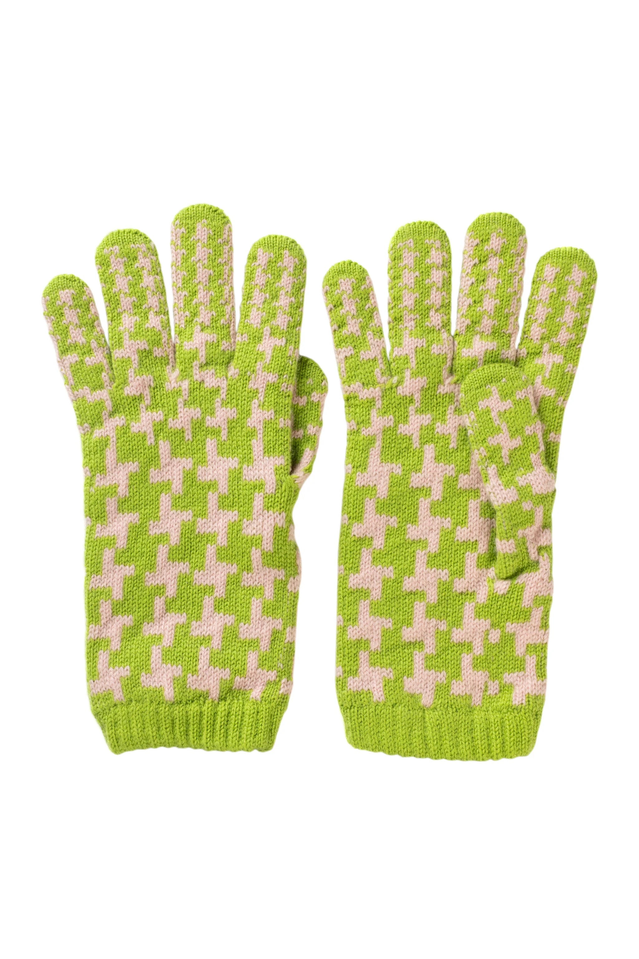 Women's Cashmere Gloves Limetta Green and Pink Houndstooth