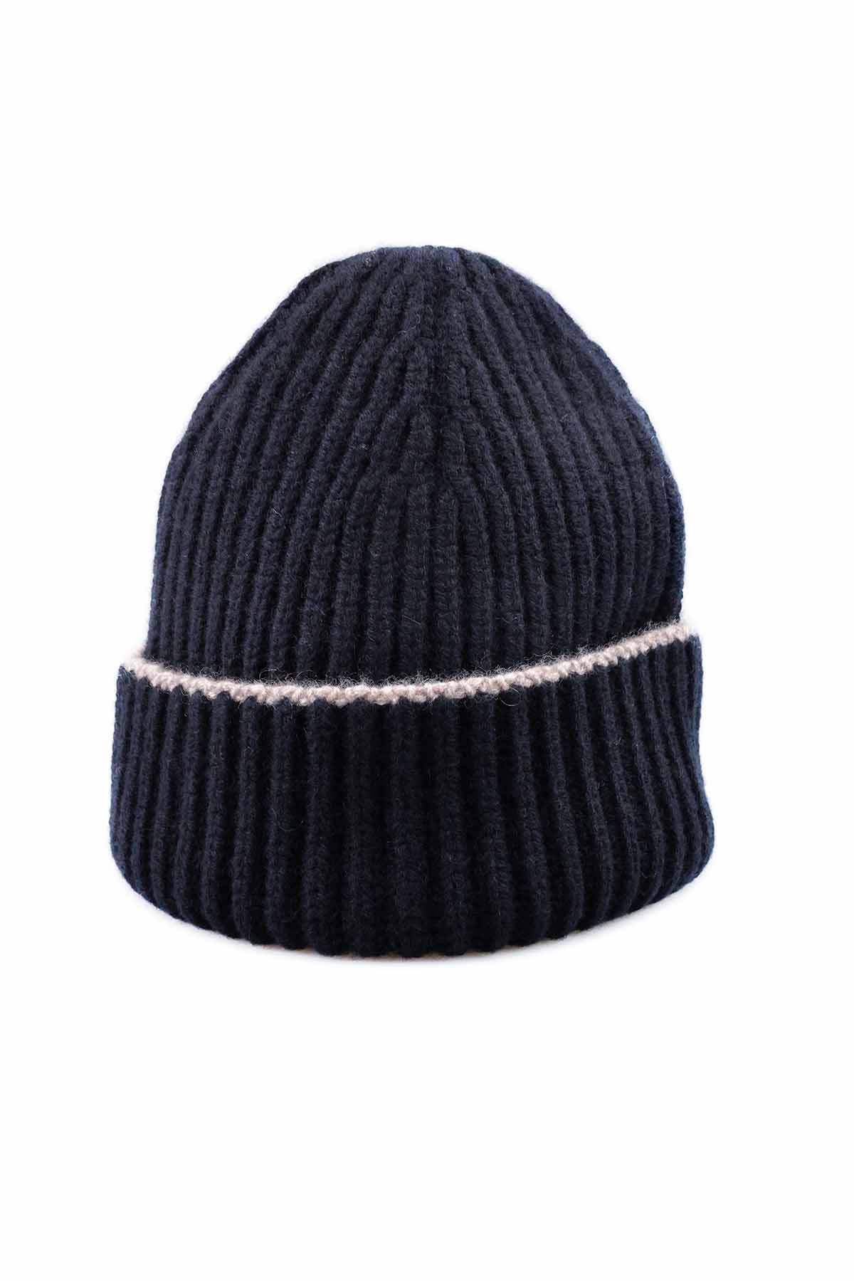 Kaschmir Mütze Chunky Gerippte Schwarz Creme