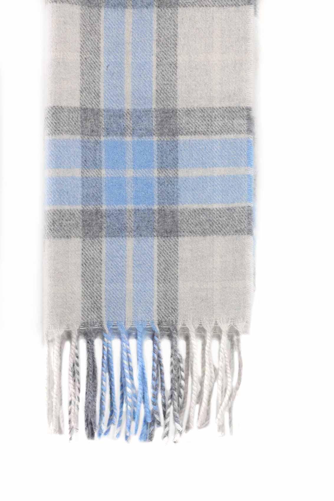 Kuuhi Cashmere Scarf Quiraing Blue, White, and Gray Tartan Draped