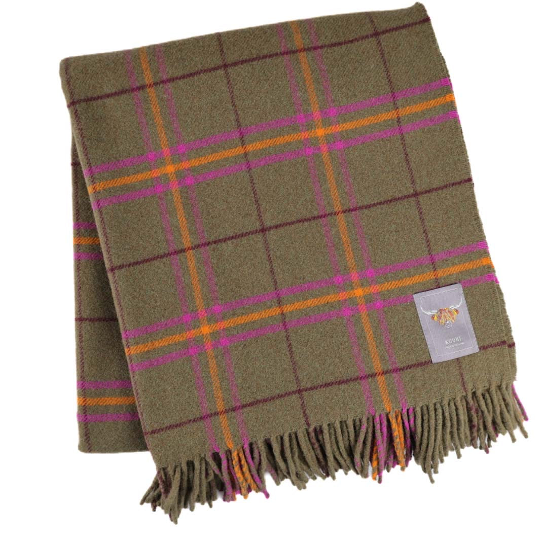 Couverture en laine d'agneau, motif tartan marron et gris avec des rayures orange et roses