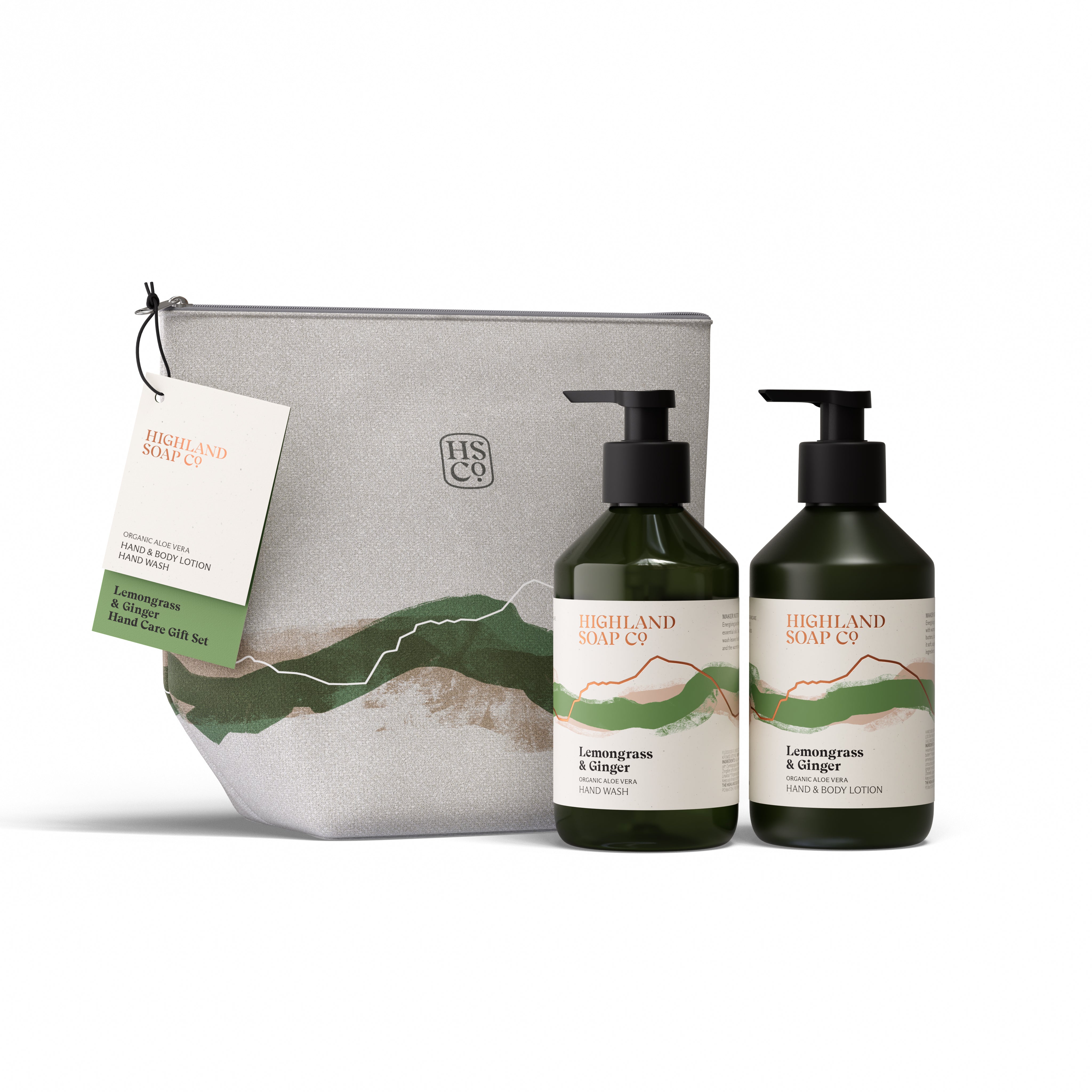 Highland Soap Company Handpflege-Geschenkset Lemongrass & Ginger — Leinentasche mit Flüssigseife und Lotion, Made in Scotland