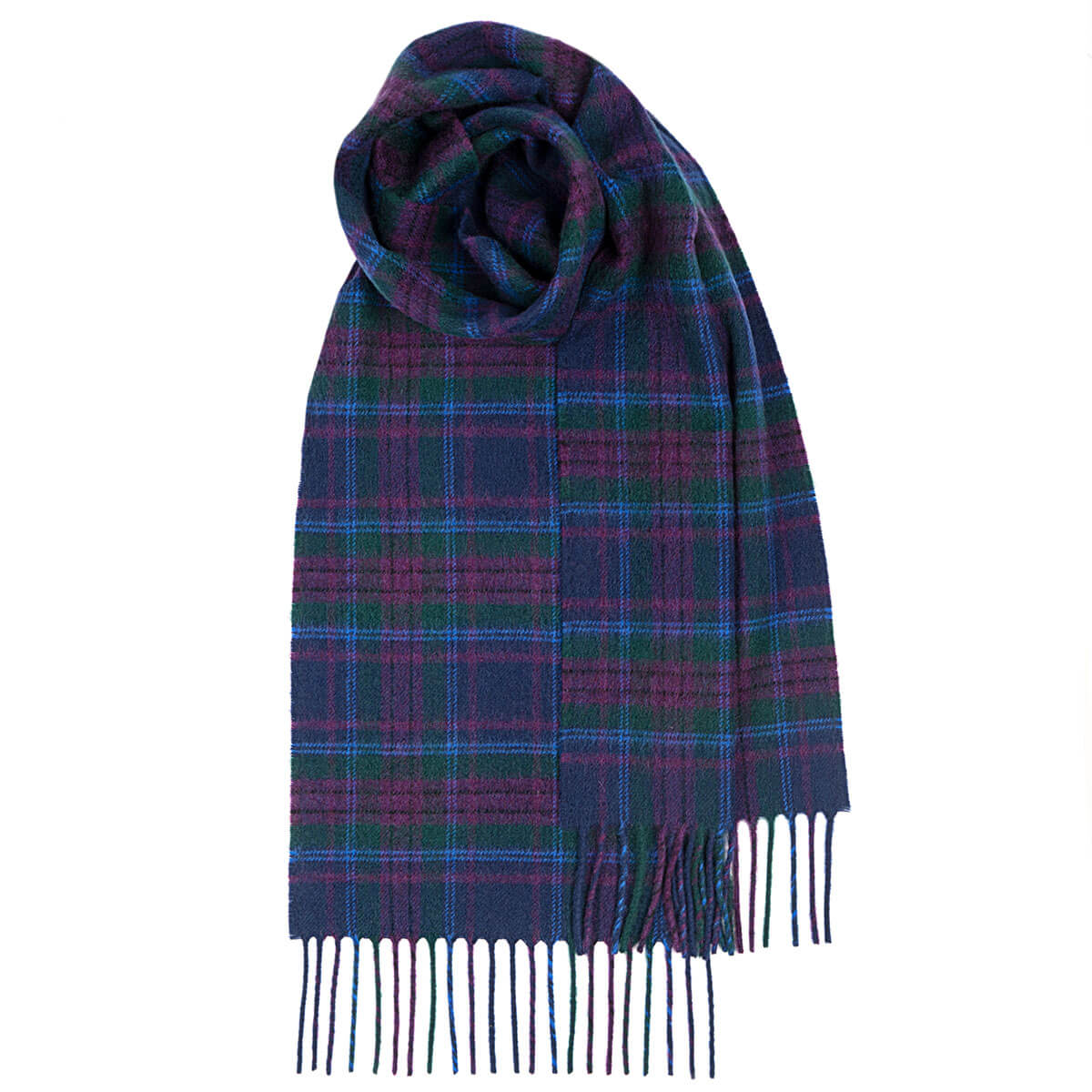 Lochcarron Kaschmirschal Spirit of Scotland Tartan — Navy und Lila, 100% Kaschmir, 170 × 25 cm, Made in Scotland
