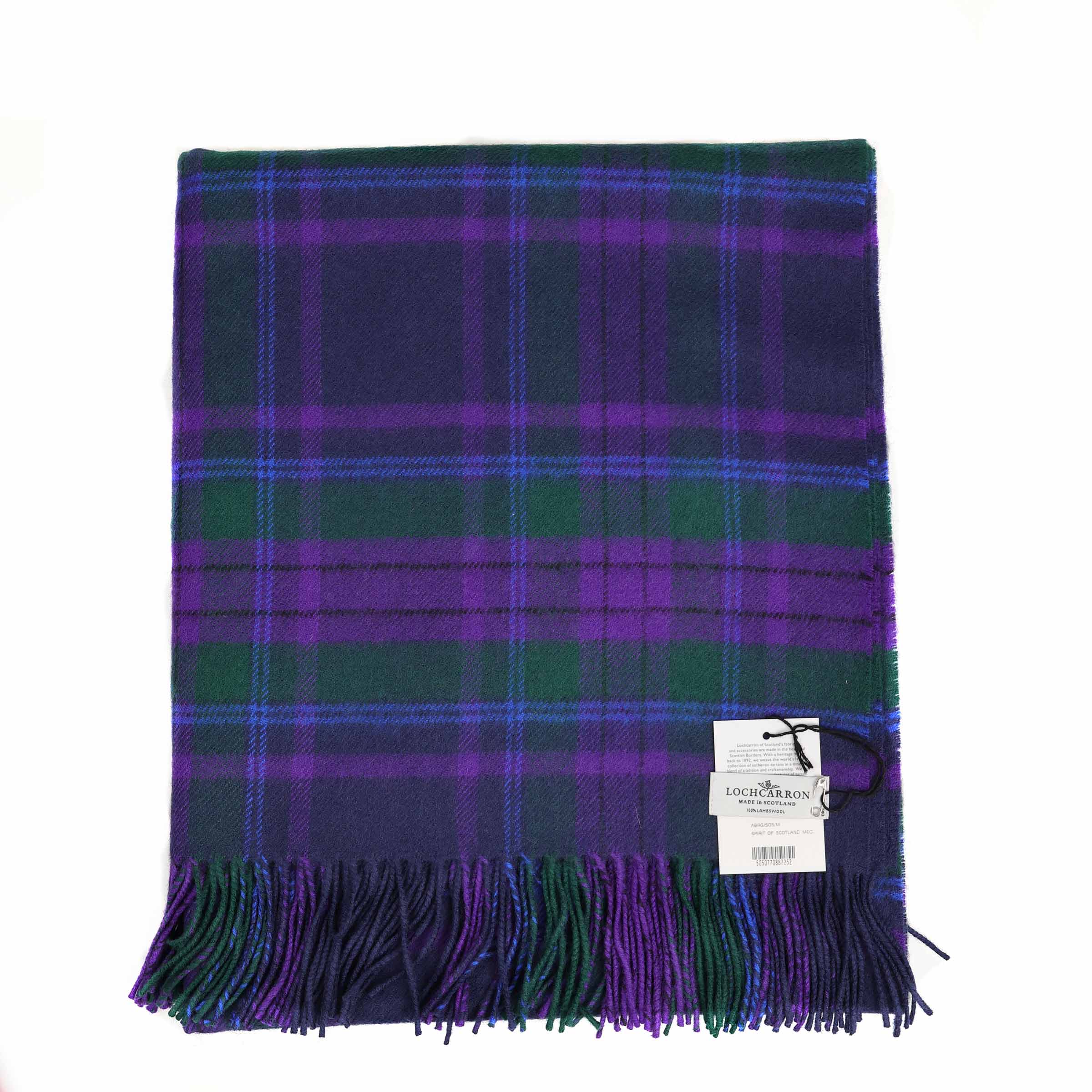 Lochcarron Wolldecke Spirit of Scotland Tartan — Gesamtansicht, Blau, Lila und Grün mit Fransensaum, 100% Lammwolle, Made in Scotland