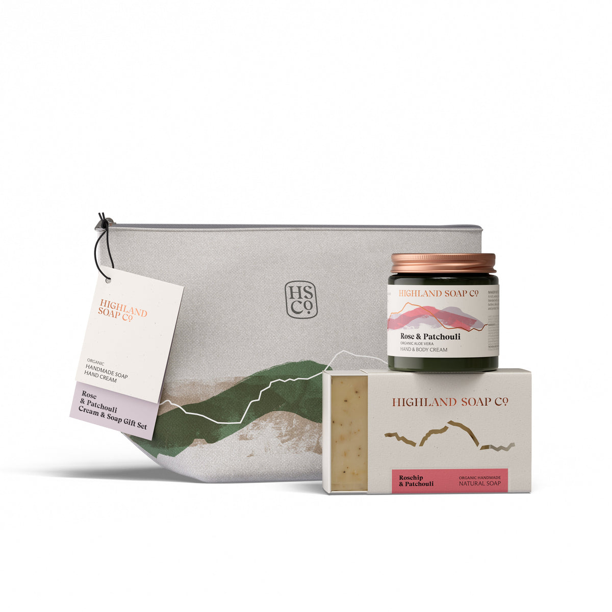The Highland Soap Company Hautpflege-Geschenkset Rose Patchouli — Bio-Hand- Koerpercreme 120ml und handgemachte Seife 190g im handgenaehten Leinenbeutel