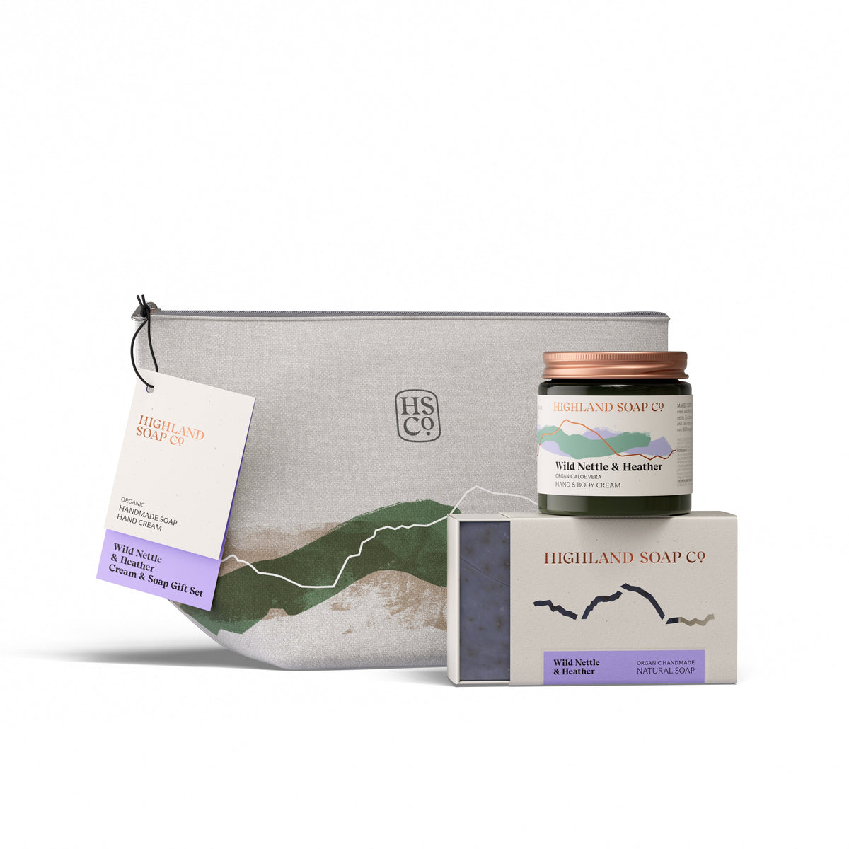 The Highland Soap Company Hautpflege-Geschenkset Wild Nettle & Heather — Bio-Hand- & Körpercreme und handgemachte Seife im handgenähten Leinenwaschbeutel, Made in Scotland