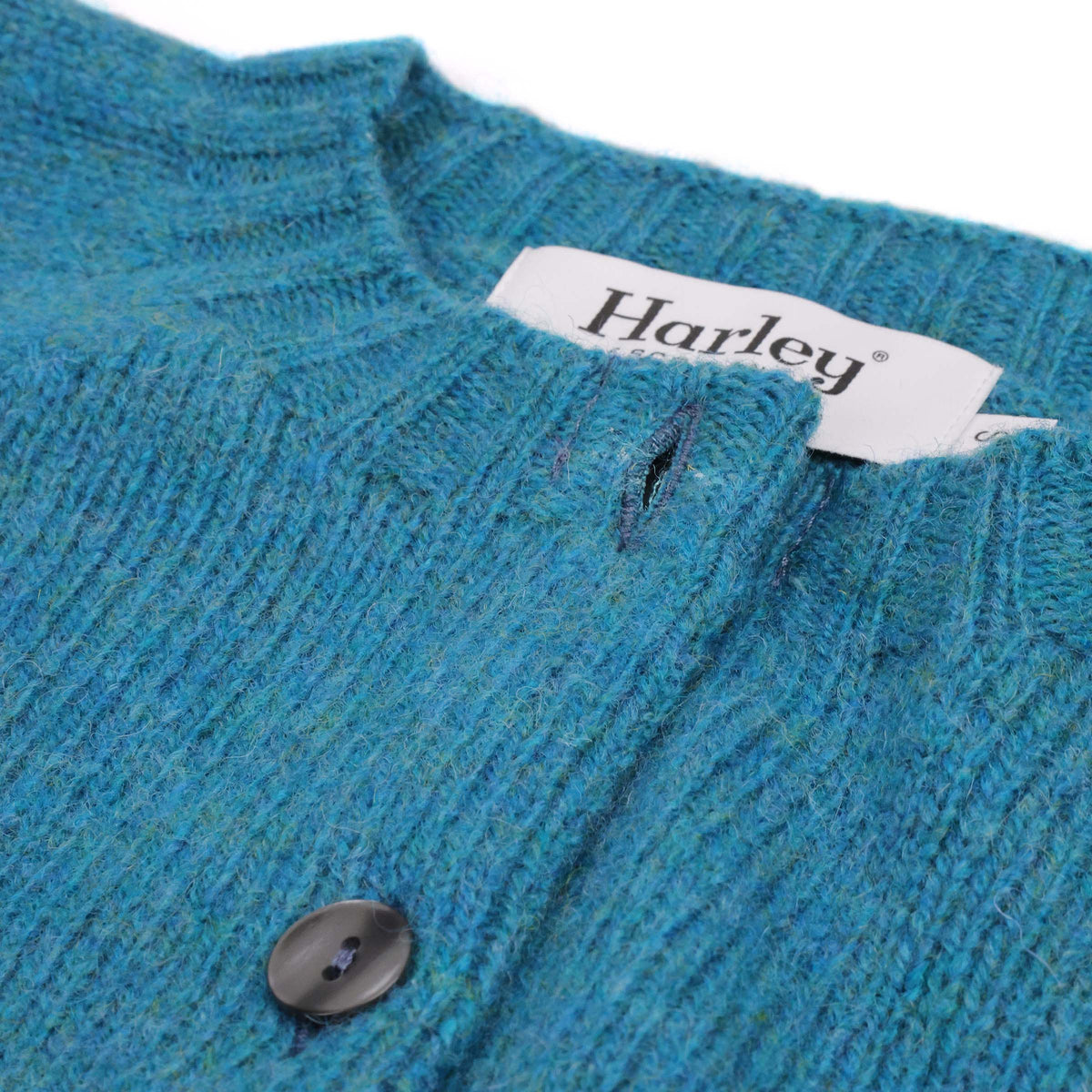 Harley of Scotland Damen Strickjacke Aqua Blau — Kragen im Detail, nahtlose Konstruktion