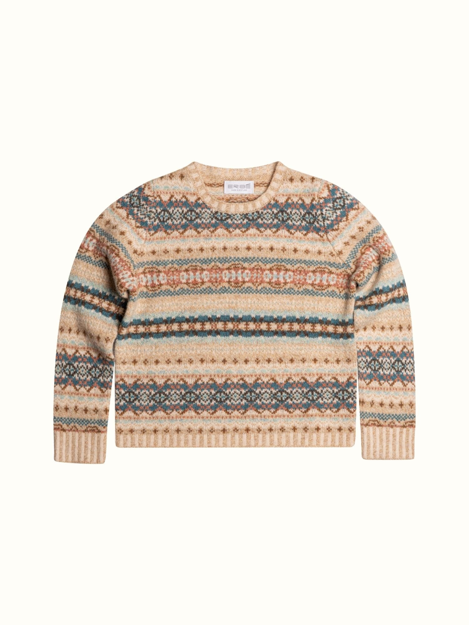 Eribé Westray Pullover Roslyn Beige Blau flach gelegt Vorderansicht