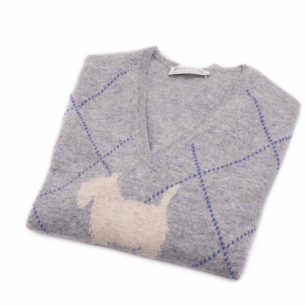 William Lockie Damen Geelong Pullover V-Ausschnitt Scottish Dog Silber