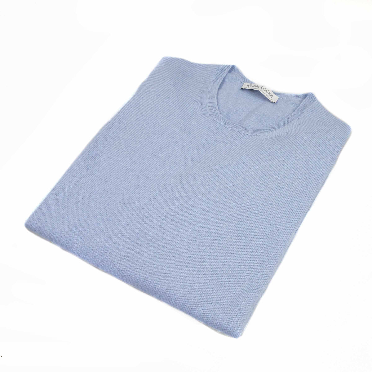 William Lockie Women's Short-Sleeve Cashmere Sweater, Blue — pleated, soft summer lake blue, 21-gauge cashmere, Made in Scotland