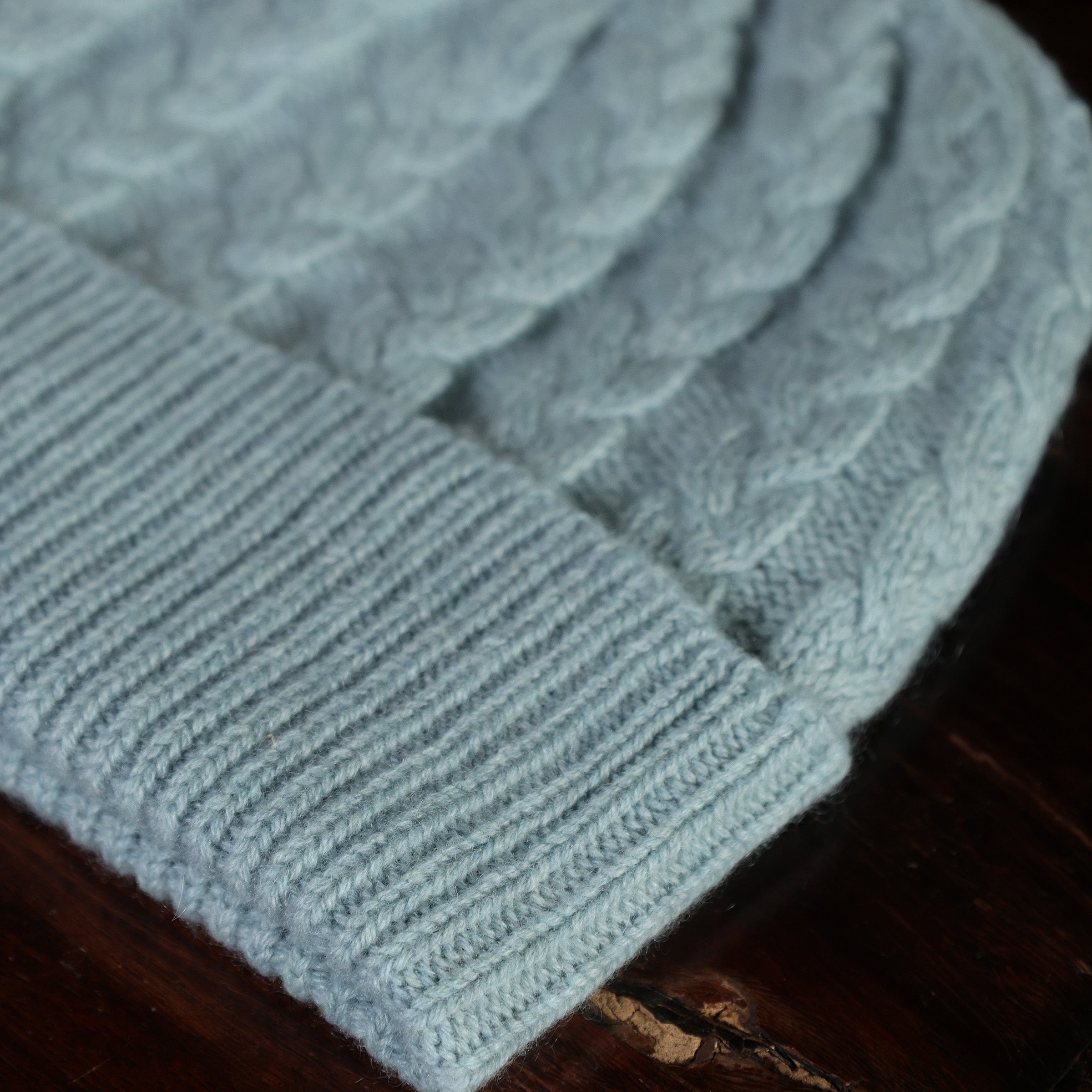 William Lockie Cashmere Hat, Silver and Blue — Close-up, soft knit texture