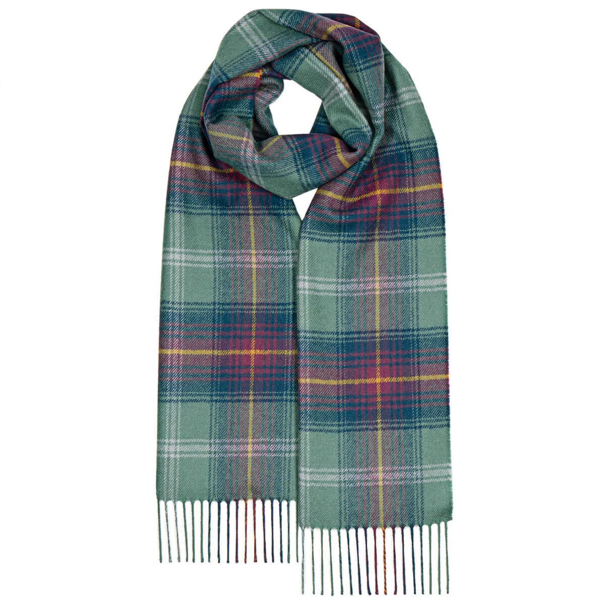 Lochcarron Lammwolle Schal Hame Tartan — Grün, Lila und Gelb, 100% Lammwolle, Übergröße 200 × 35 cm, Made in Scotland
