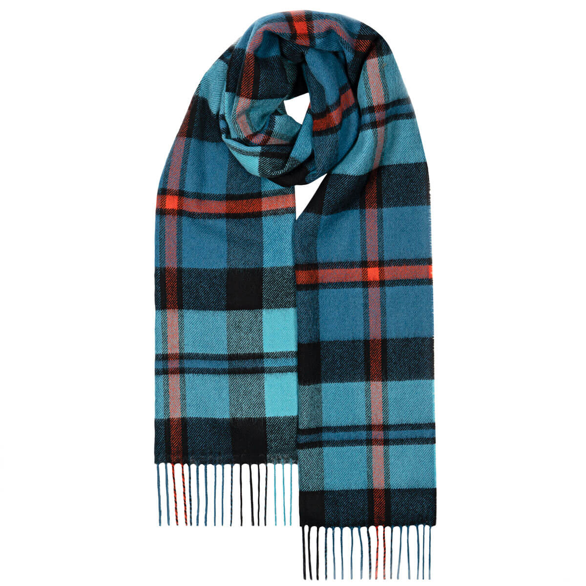 Lochcarron Lammwolle Schal MacCorquodale Ancient Tartan — Blau mit schwarzen und orangen Überkaros, 100% Lammwolle, 200 × 35 cm, Made in Scotland