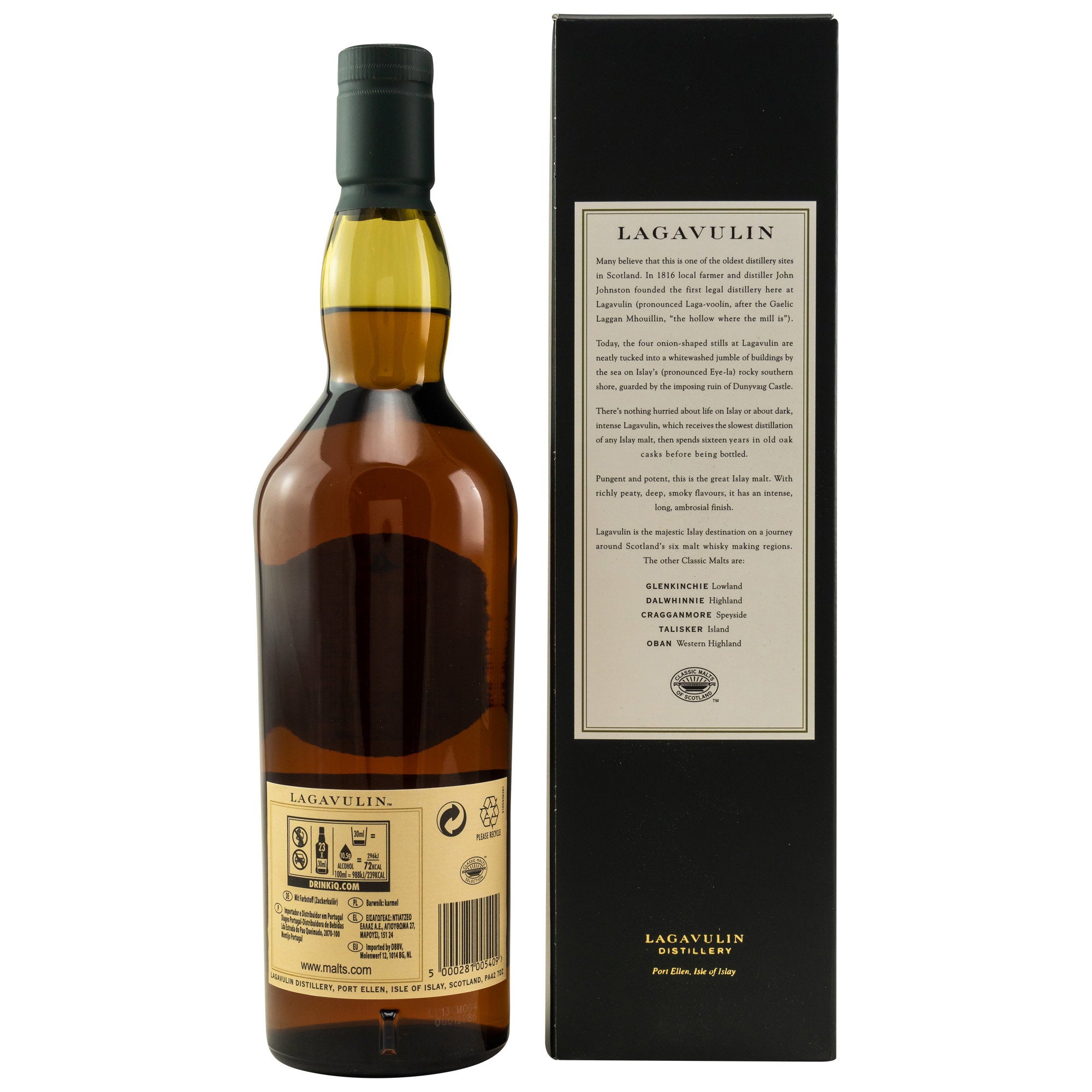 Lagavulin 16 Jahre — Seitenansicht Flasche, intensiver Torfrauch und maritime Tiefe, Destillerie gegruendet 1816