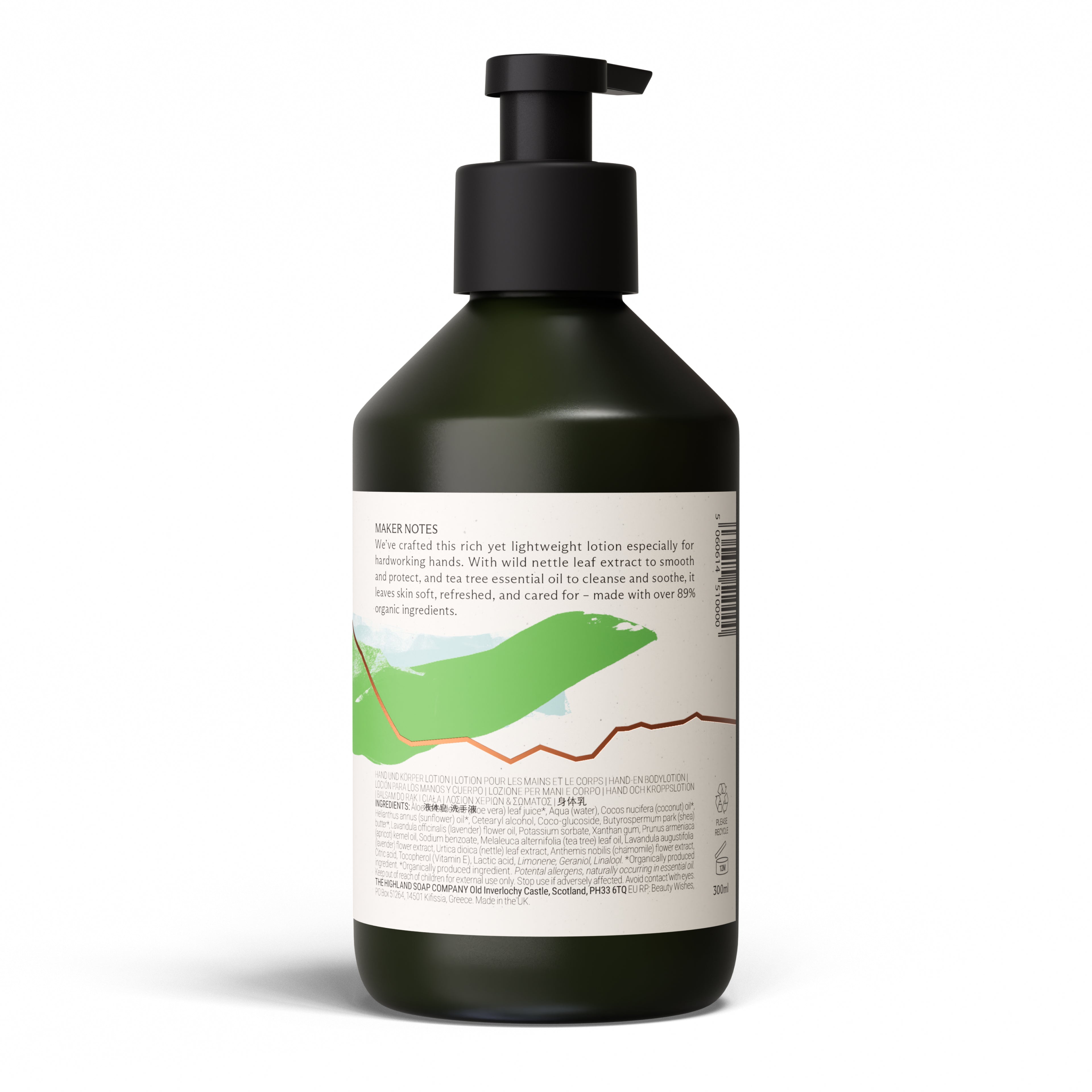 The Highland Soap Company Gardener's Remedy Hand & Body Lotion 300ml — Rückseite mit Inhaltsstoffen, über 89% biologisch