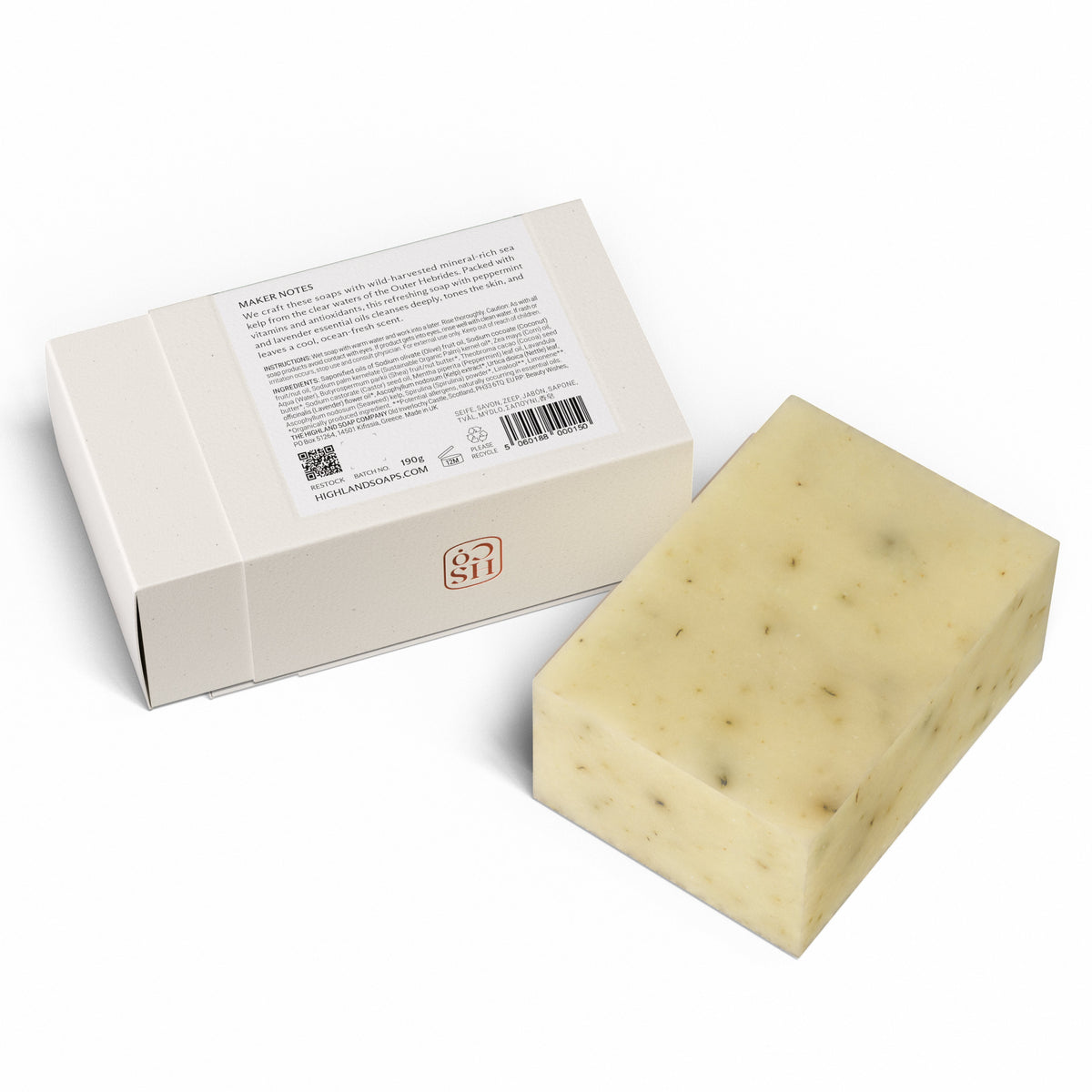 The Highland Soap Company Handgemachte Seife Hebridean Seaweed 190g — Rückseite mit Inhaltsstoffen und Pflegehinweisen