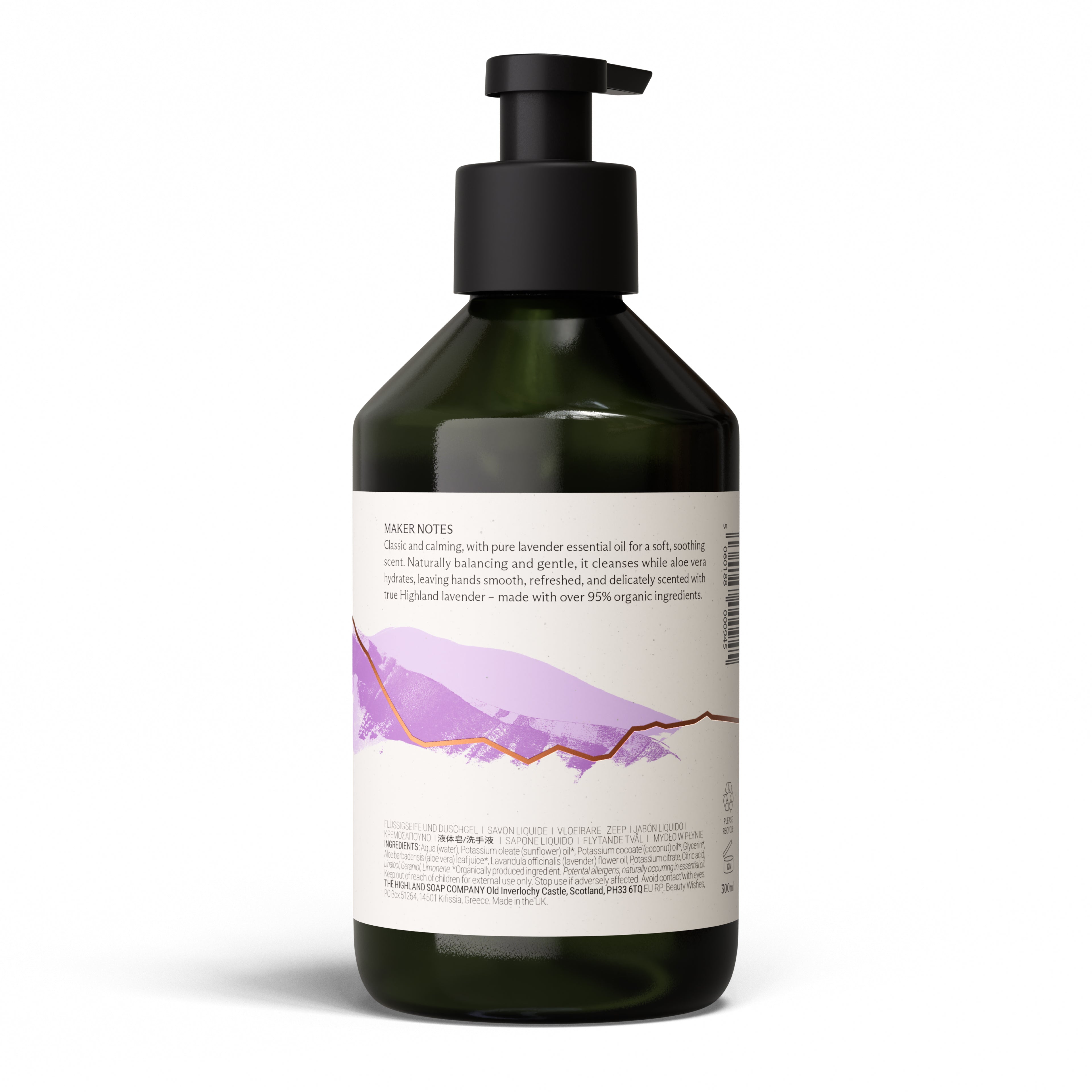 The Highland Soap Company Highland Lavender Liquid Soap 300 ml — Back label lists ingredients; over 95% organic