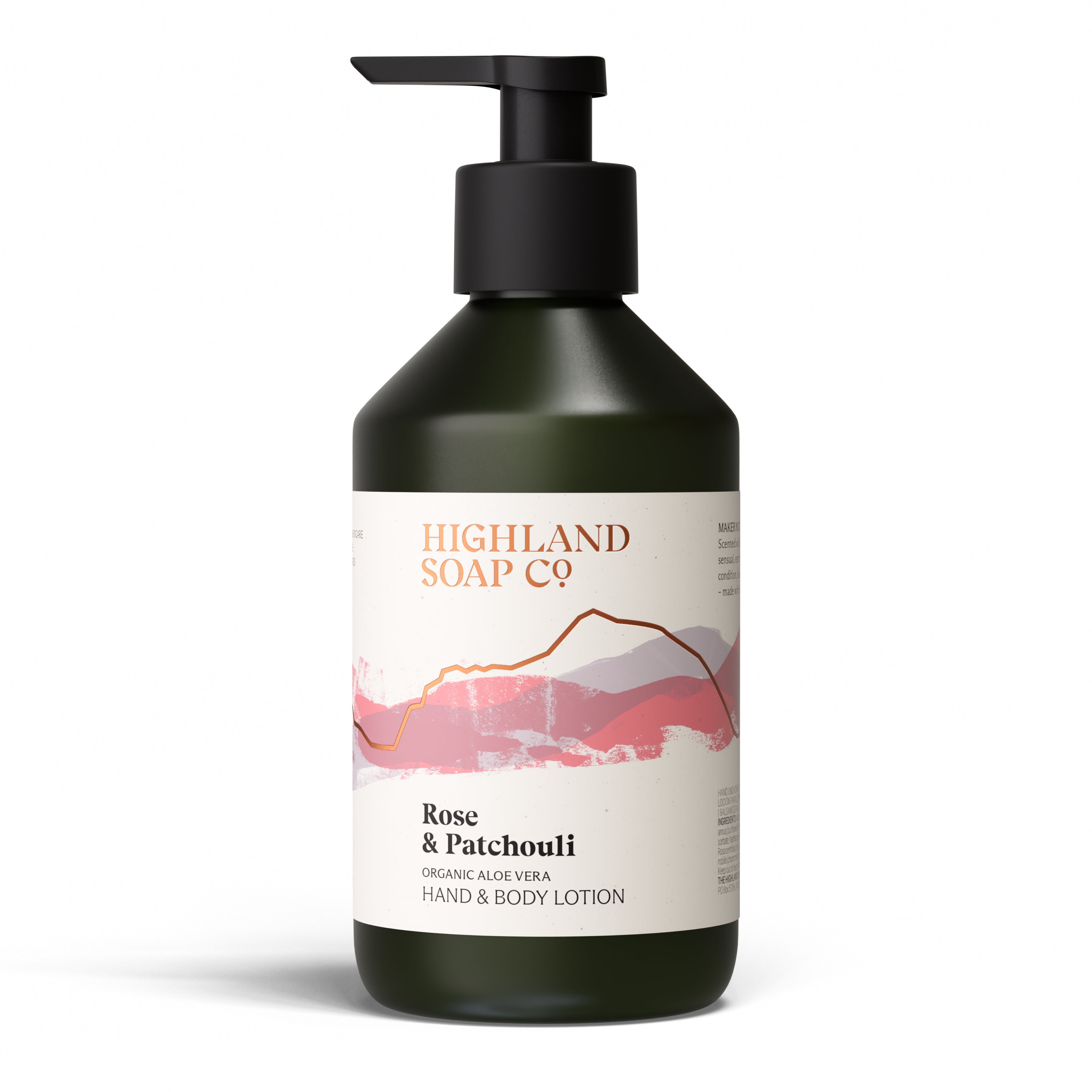 The Highland Soap Company Hand & Body Lotion Rose & Patchouli 300 ml — Front, with rose absolute and patchouli oil, Made in Scotland