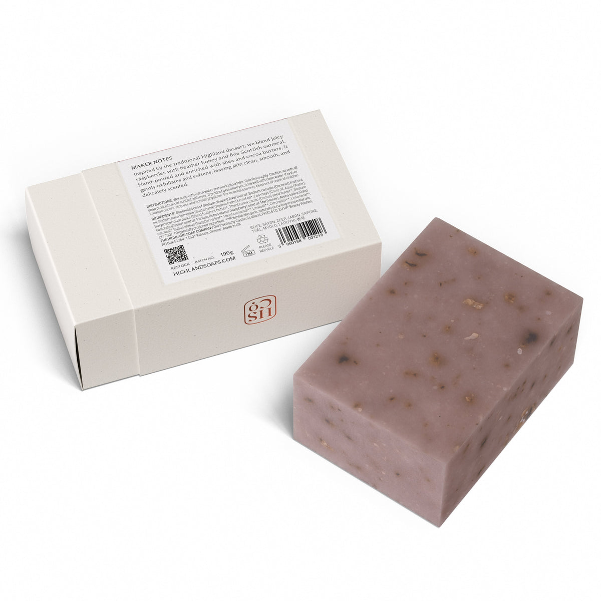 The Highland Soap Company Handgemachte Seife Scottish Raspberry Cranachan 190g — Rückseite mit Inhaltsstoffen und Pflegehinweisen