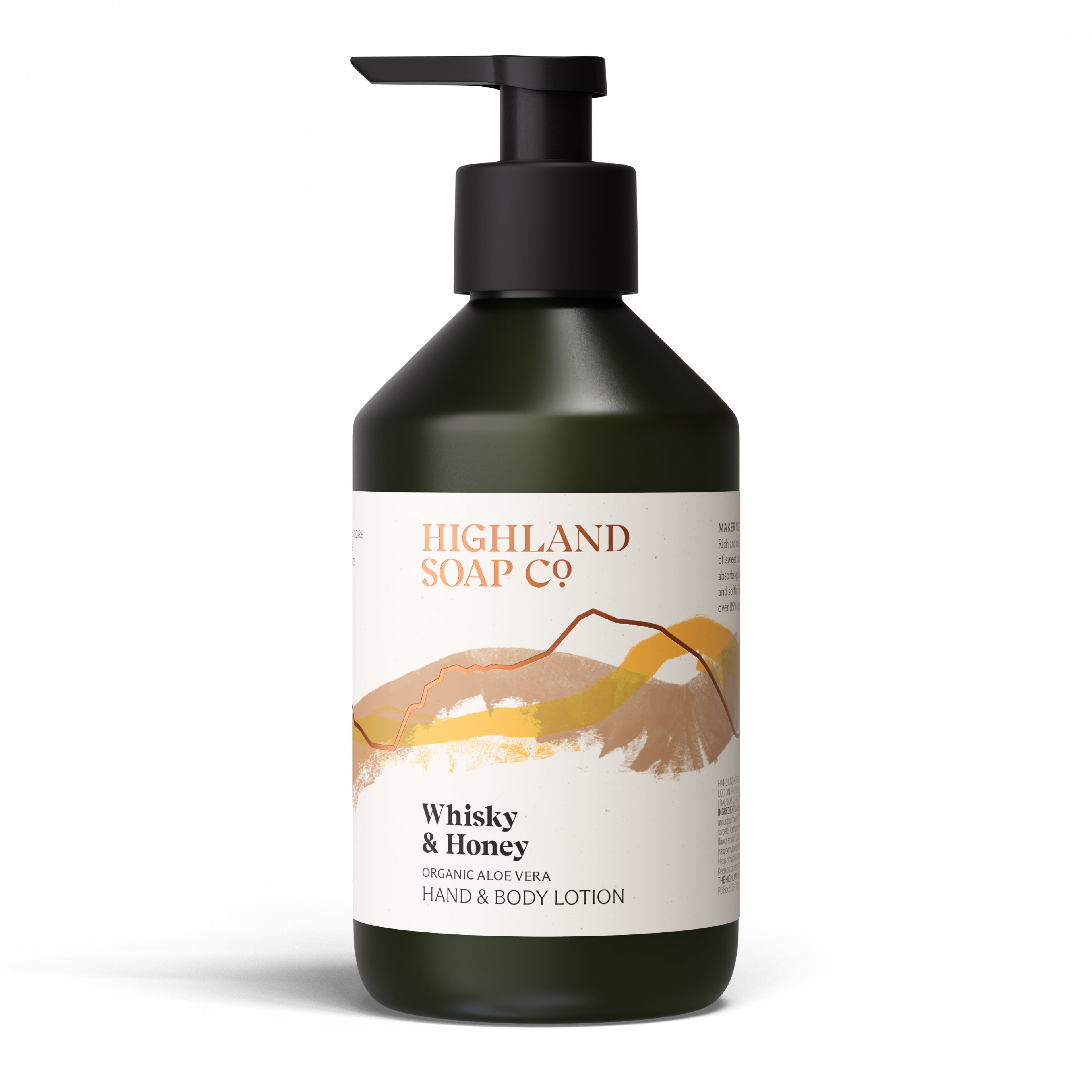 The Highland Soap Company Hand & Body Lotion Whisky & Honey 300ml — Front, Organic Lotion with a Single Malt and Heather Honey Scent, Made in Scotland