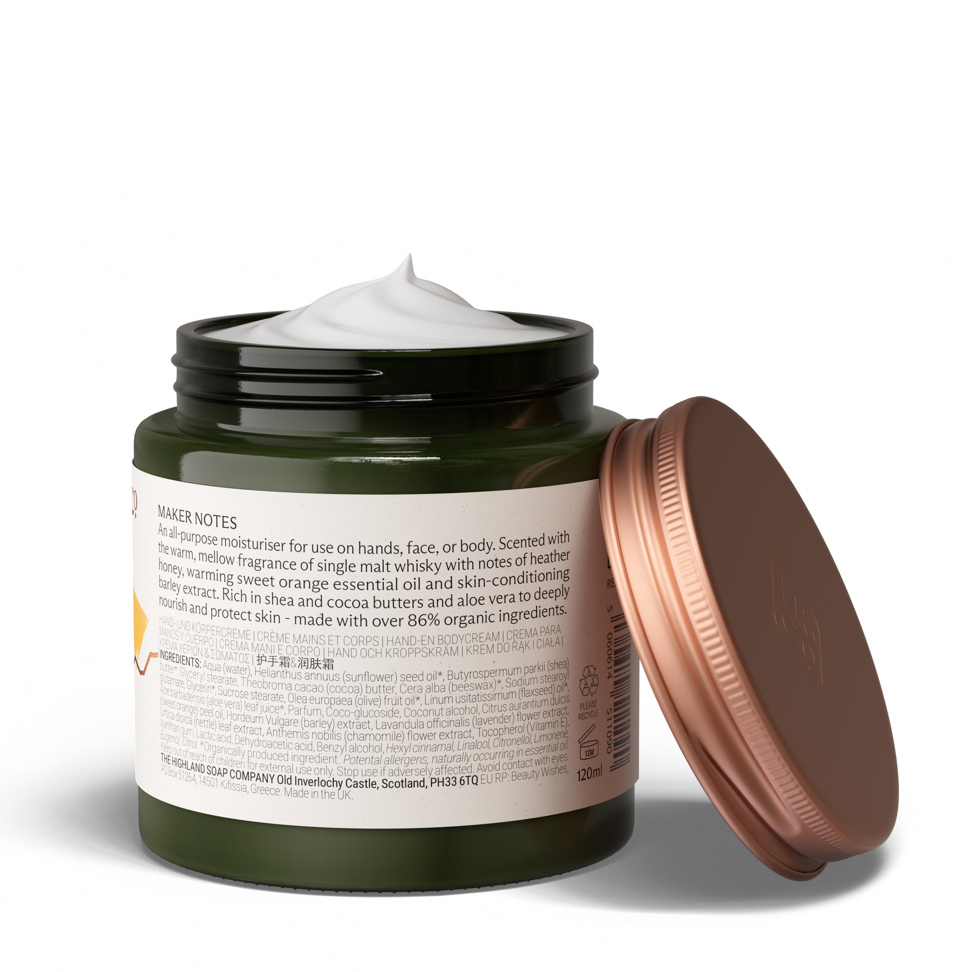 The Highland Soap Company Organic Moisturizer Whisky & Honey 120ml — Back label lists ingredients; over 89% organic; Made in Scotland