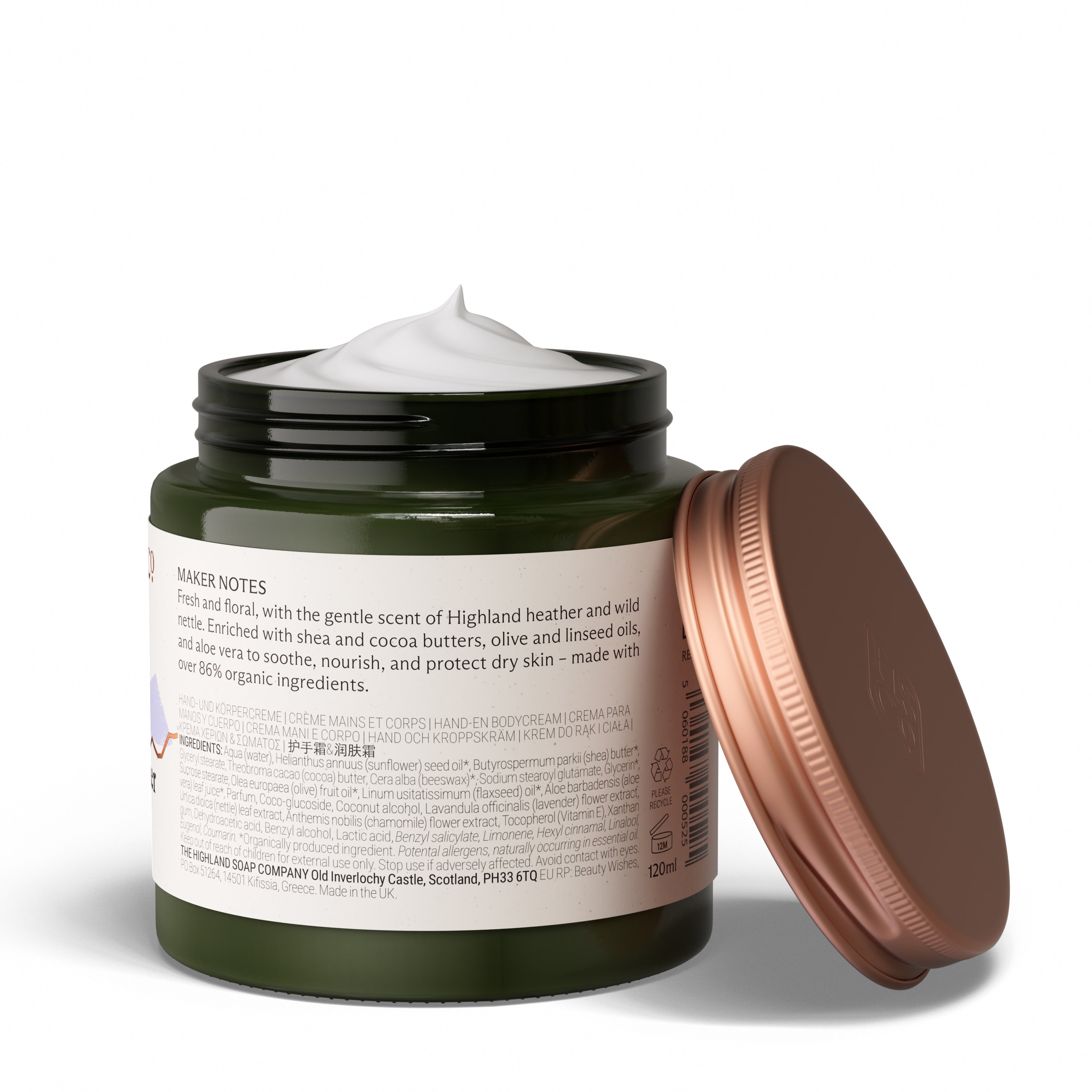 Highland Soap Company , crème bio pour les mains et le corps à l'ortie sauvage et à la bruyère, 120 ml — Au dos : liste des ingrédients, plus de 89 % d'ingrédients biologiques