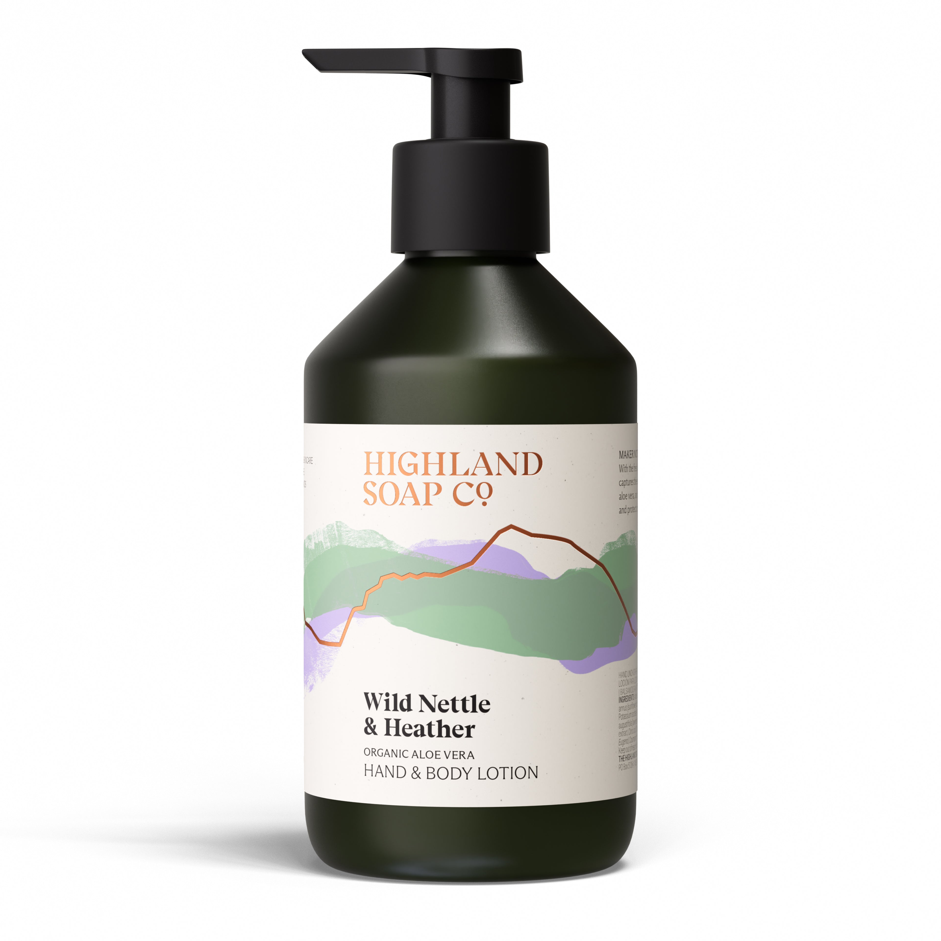 The Highland Soap Company Hand & Body Lotion Wild Nettle & Heather 300 ml — Front Label, with stinging nettle and heather, Made in Scotland