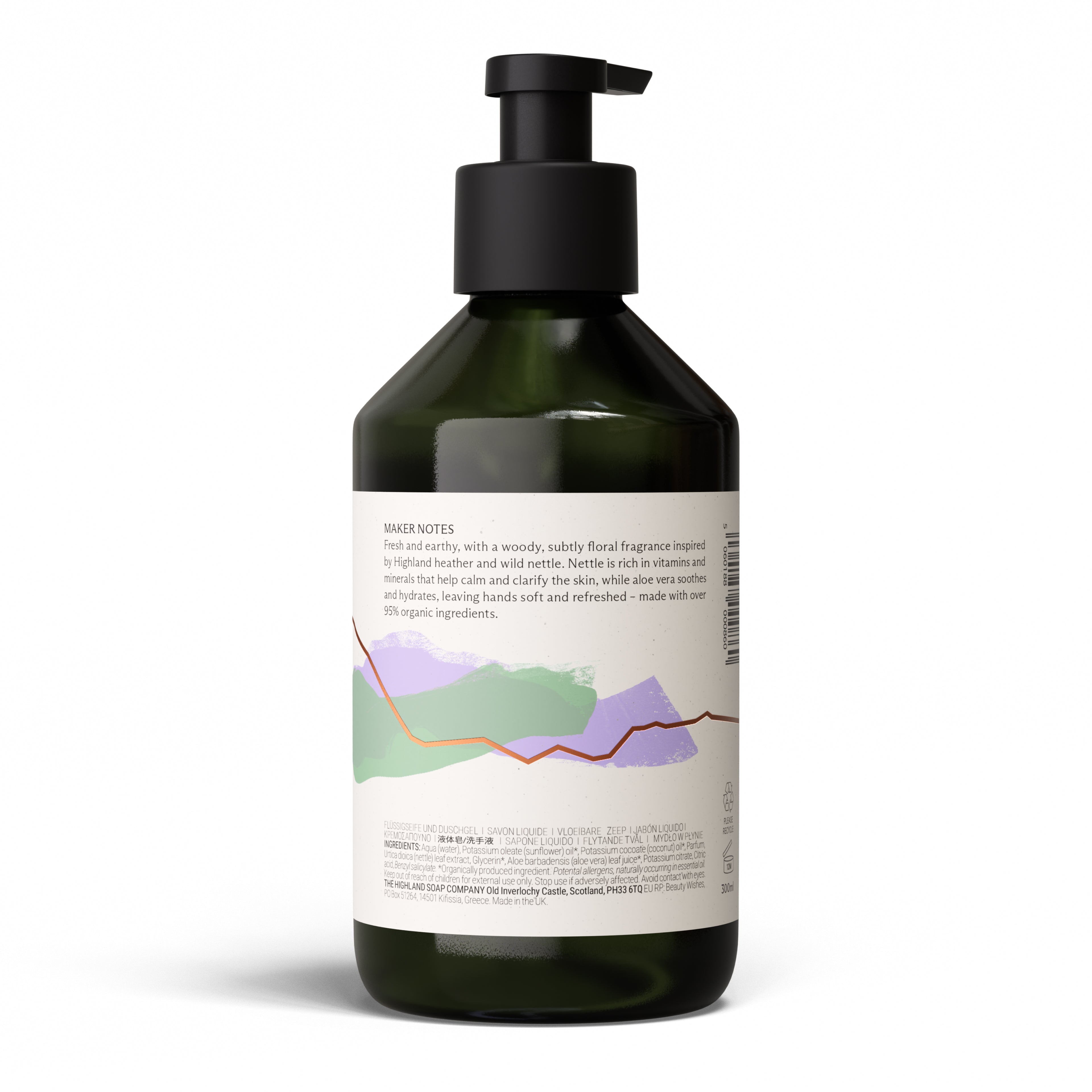 The Highland Soap Company Flüssigseife Wild Nettle & Heather 300ml — Rückseite mit Inhaltsstoffen, über 95% biologisch