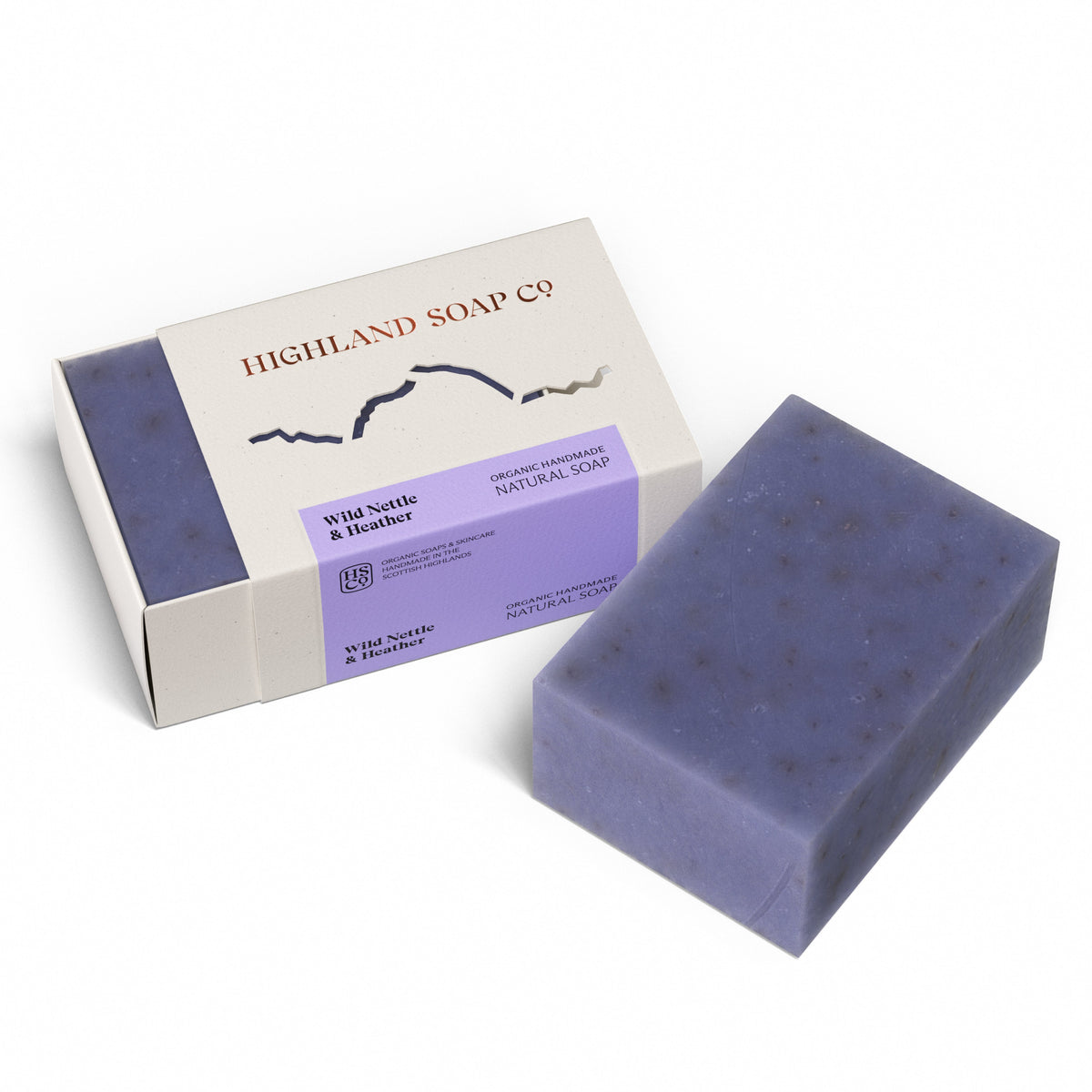 The Highland Soap Company Handgemachte Seife Wild Nettle & Heather 190g — Frontansicht, Heideblüte und Brennnessel, Made in Scotland