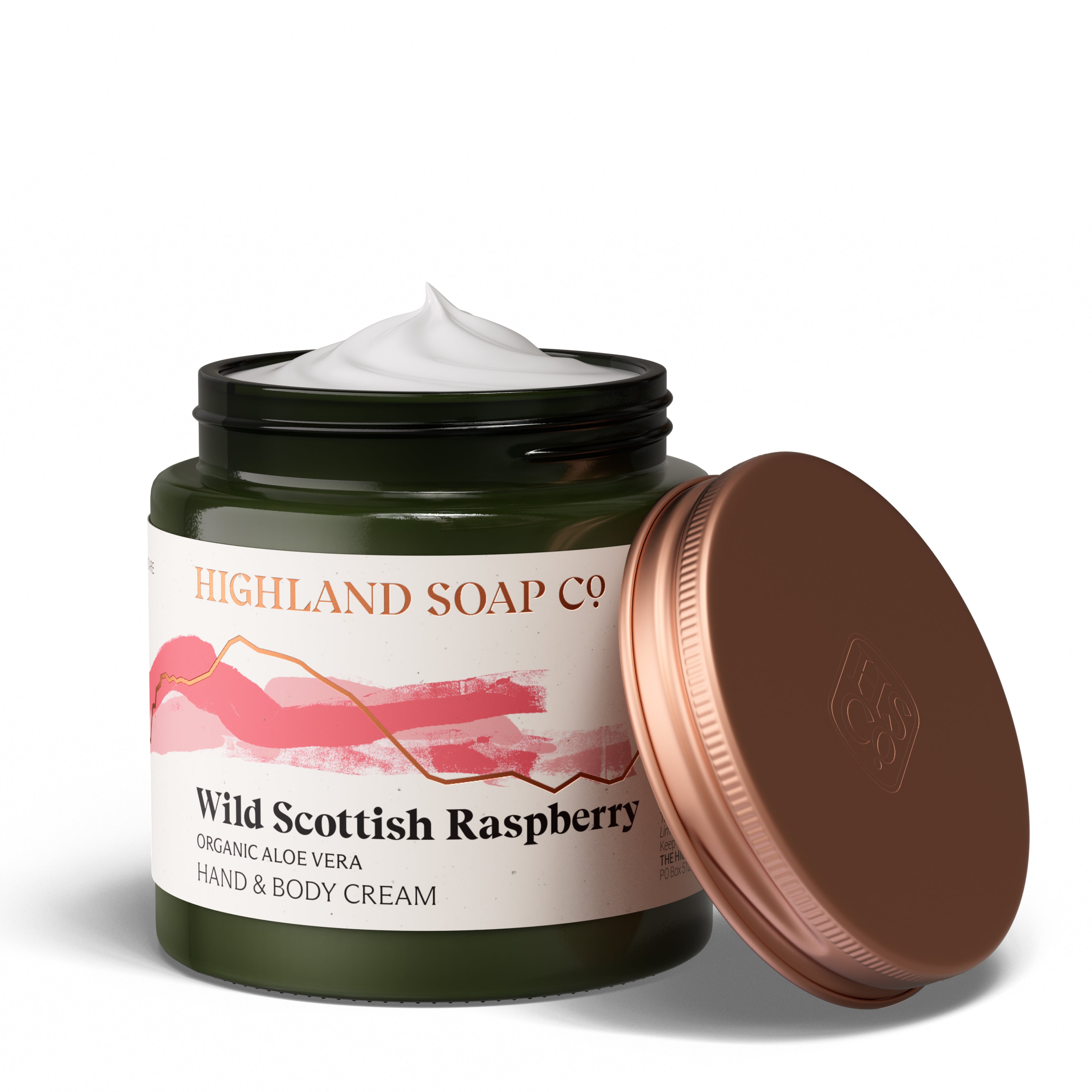 The Highland Soap Company Organic Hand & Body Cream Wild Raspberry 120ml — Front, with wild Scottish raspberries, Made in Scotland