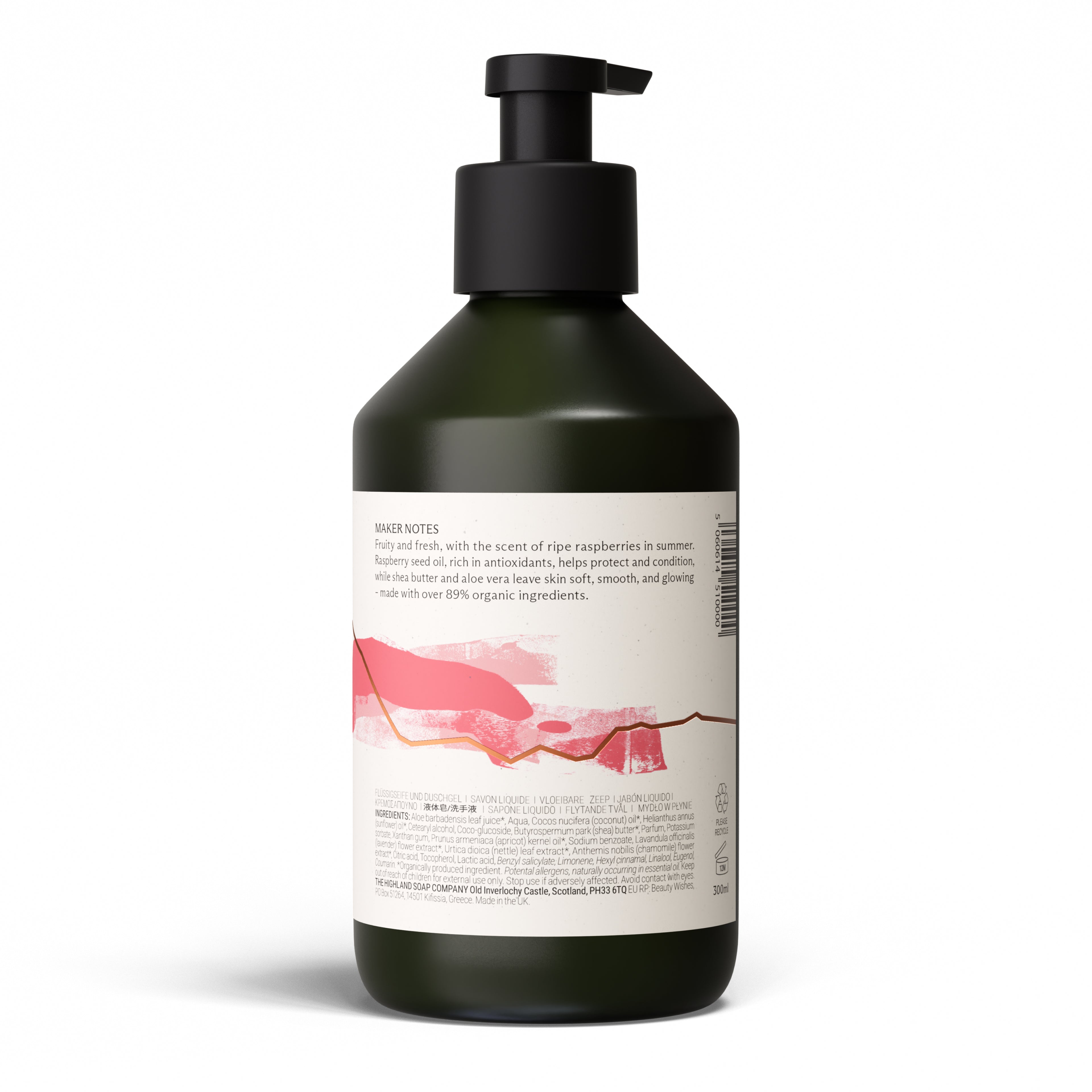 Lotion pour les mains et le corps « Wild Raspberry » de l'Highland Soap Company , 300 ml — Au dos : liste des ingrédients, plus de 89 % d'ingrédients biologiques