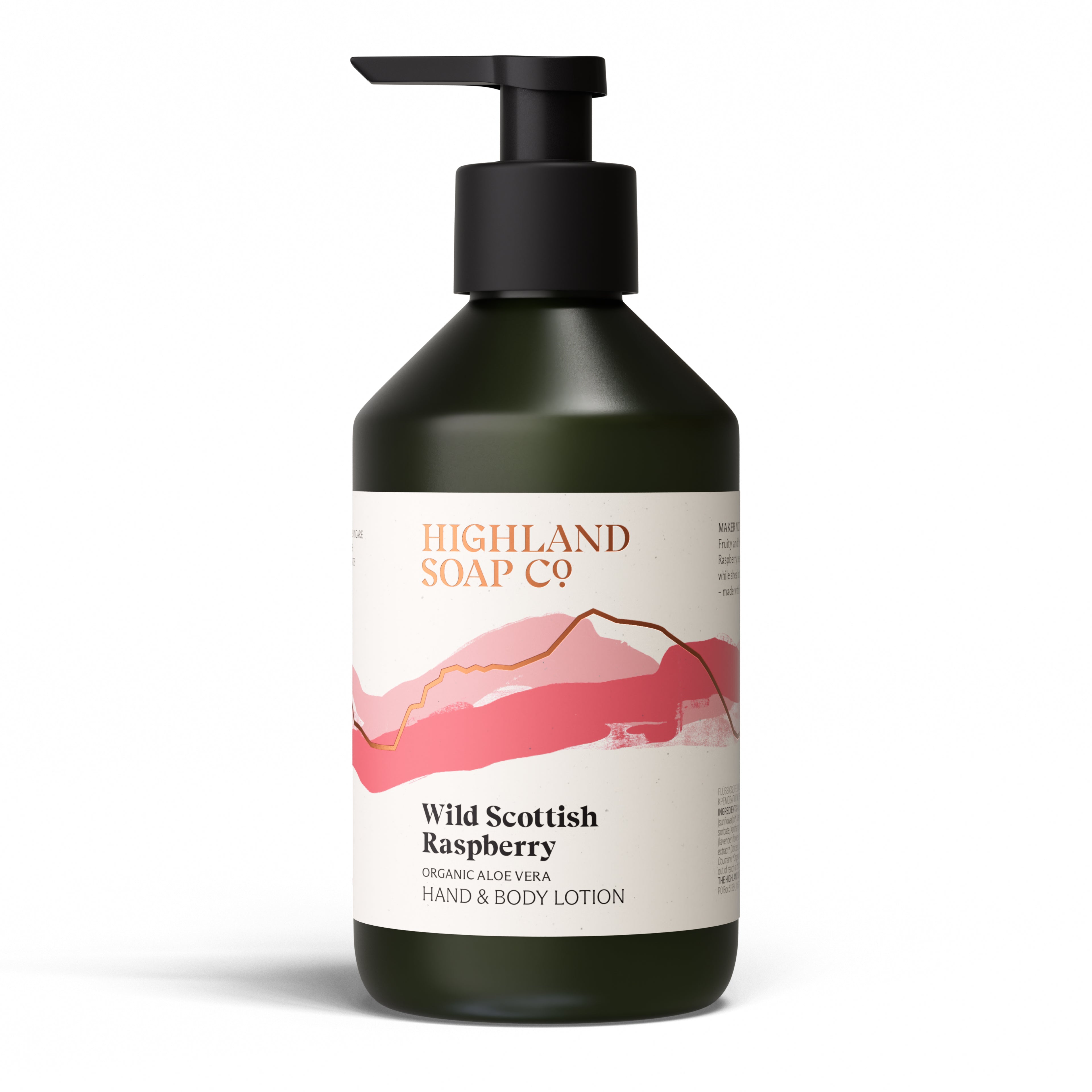 The Highland Soap Company Hand & Body Lotion Wild Raspberry 300 ml — Front, with wild Scottish raspberries, Made in Scotland