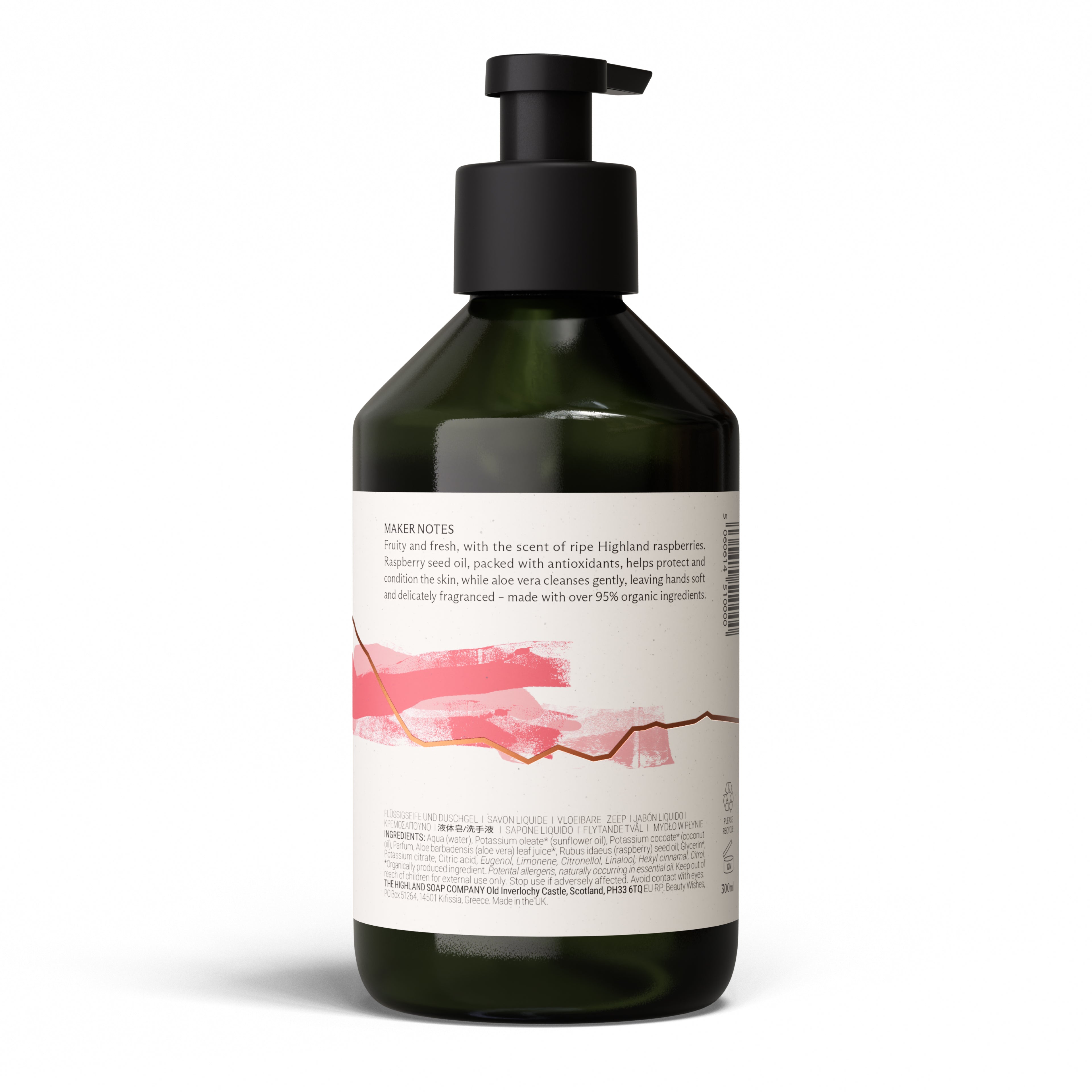 The Highland Soap Company Flüssigseife Wild Scottish Raspberry 300ml — Rückseite mit Inhaltsstoffen, über 95% biologisch