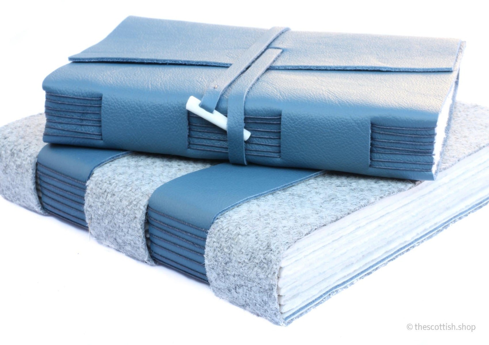 Tweed-Leder-Notizbücher-Blau-Grau-Kollektion-Handgebunden