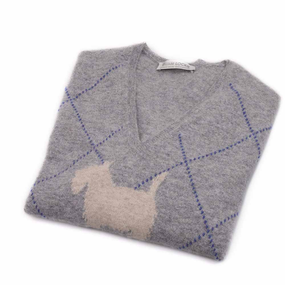 William Lockie Damen V Auschnitt Pullover mit Scottie Dog Muster Grau