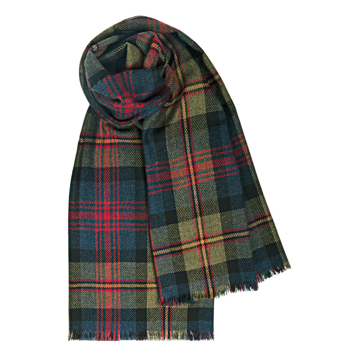 Lochcarron Wolle Kaschmir Stola Logan Modern Tartan — Salbeigrün-blaues Tartanmuster, 95% Wolle 5% Kaschmir, 210×60 cm, Made in Scotland