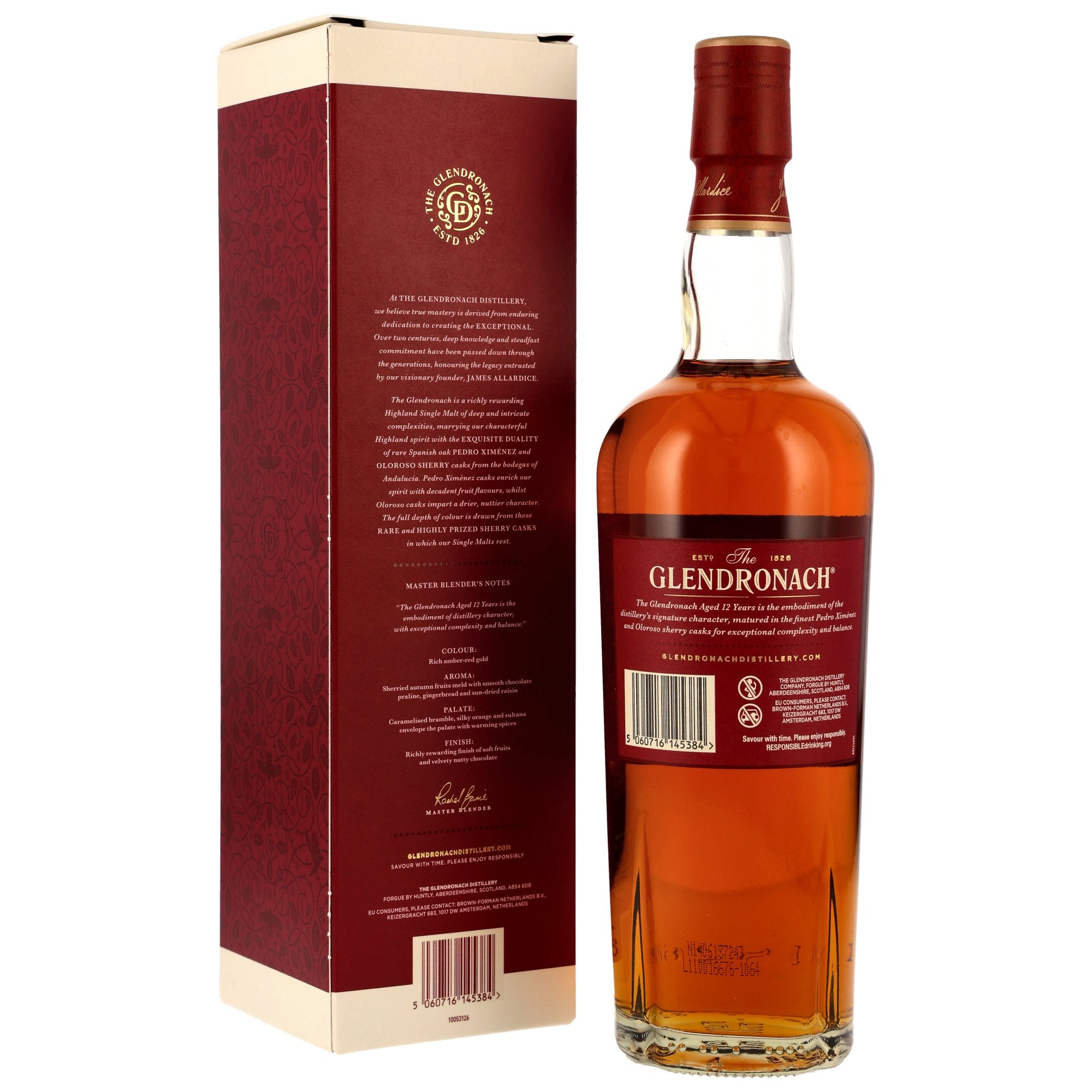 GlenDronach 12 Jahre PX Oloroso Sherry — Rueckseite Flasche mit Tasting Notes, Highland Destillerie gegruendet 1826