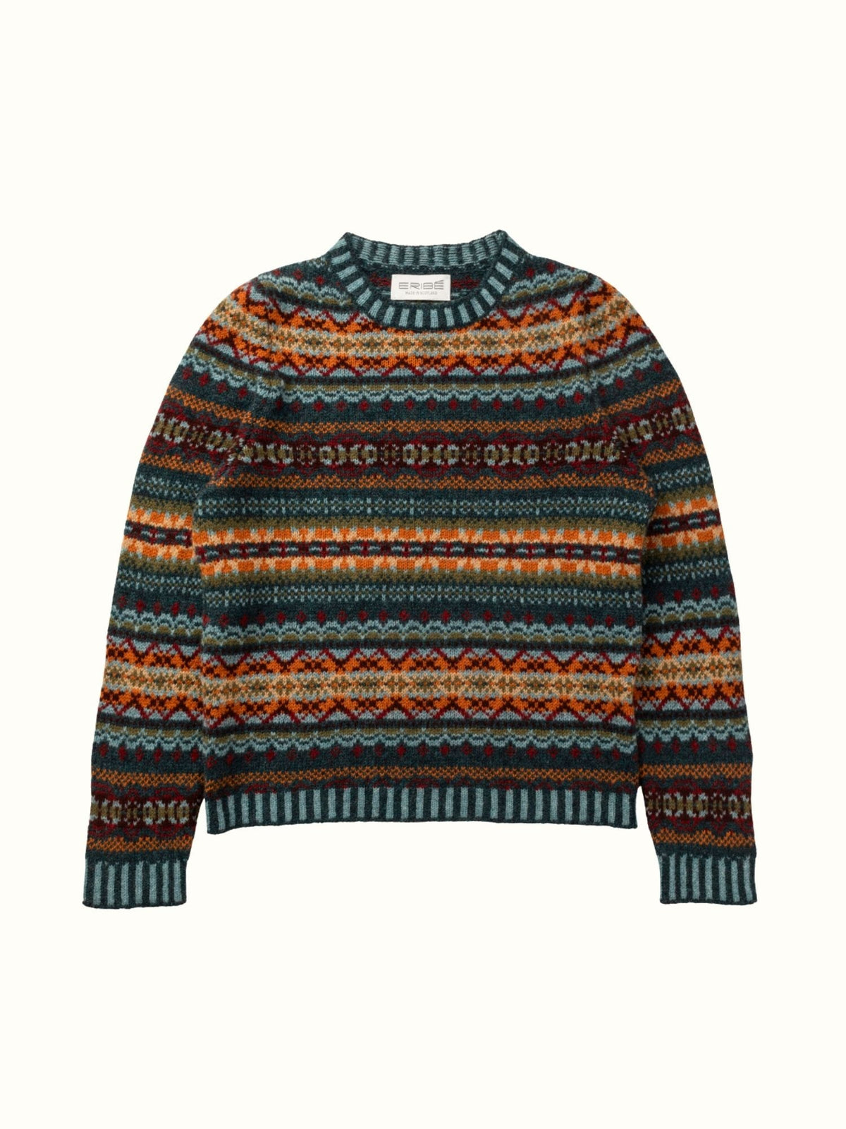 Eribé Damen Kinross Fair Isle Pullover Prelude — Petrol und Orange, 100% Superfine Merino-Lammwolle