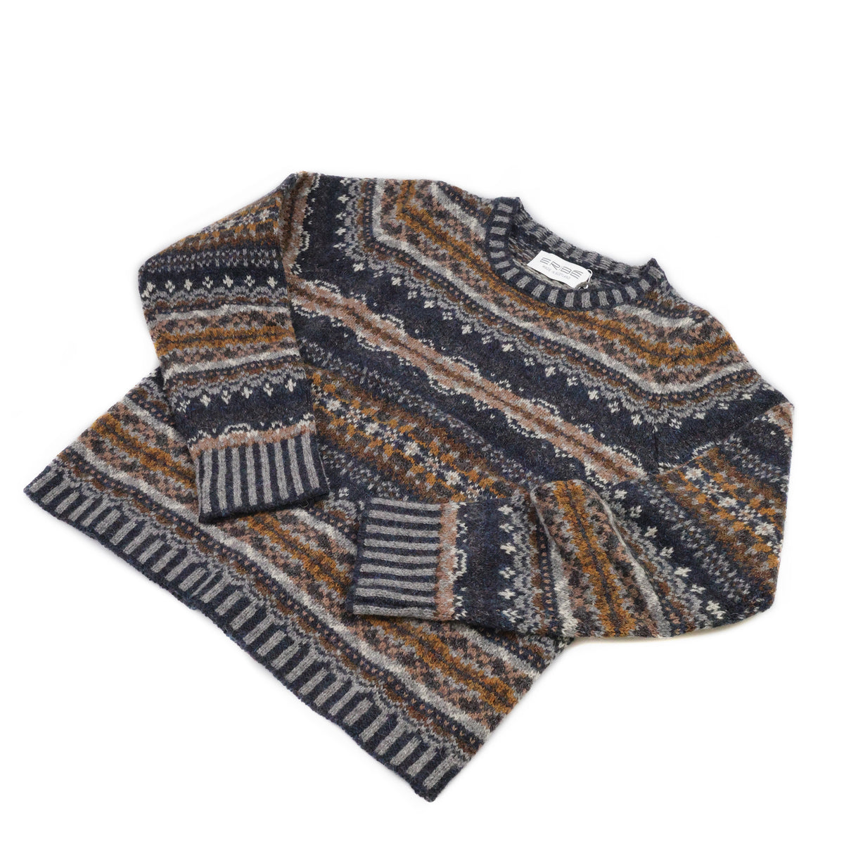 Eribé Damen Westray Pullover Caithness — Marineblau mit Grau, Ocker, Altrosa und Braun, Fair-Isle-Muster, 100% Shetlandwolle, Made in Scotland