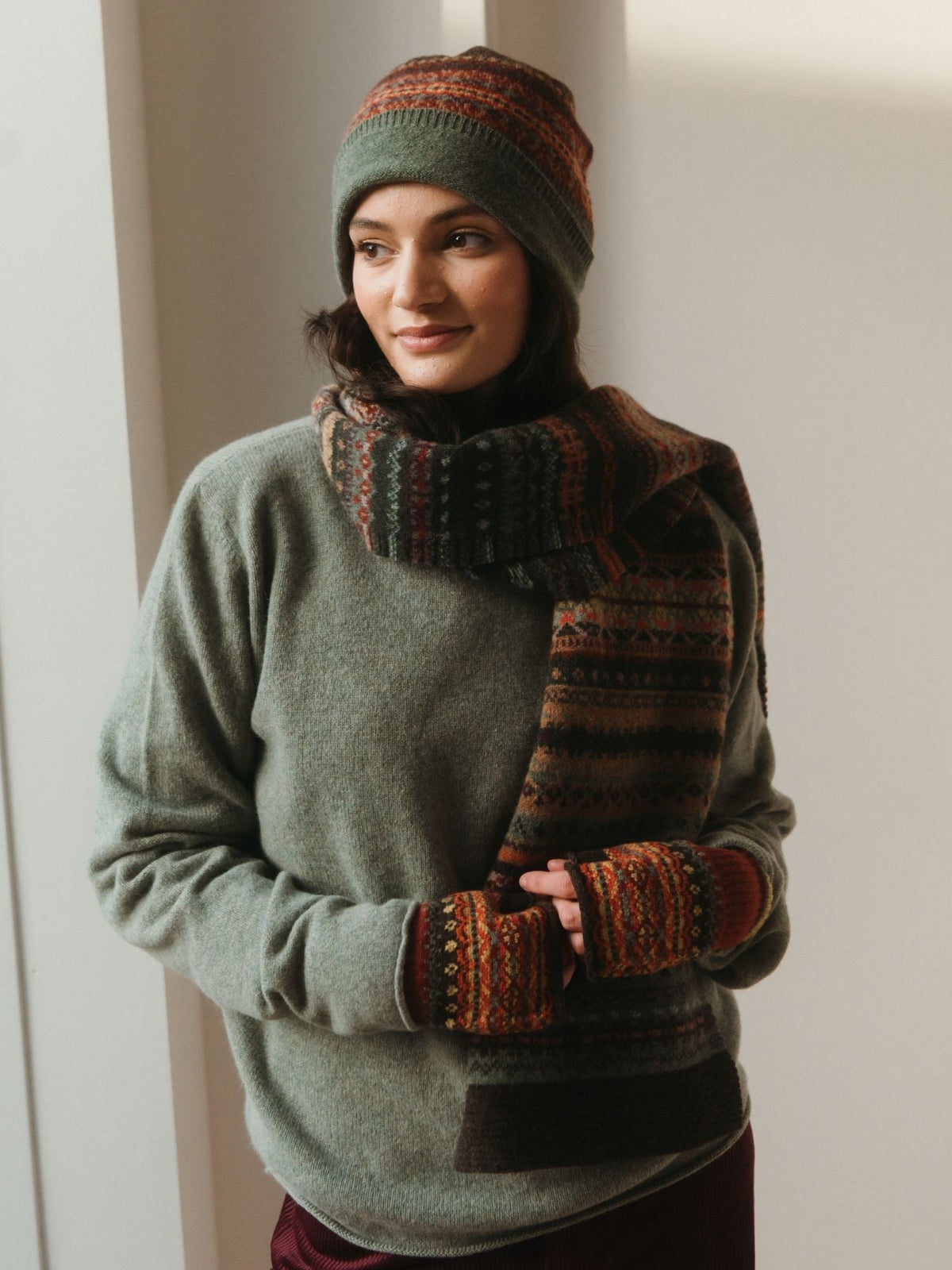 Eribé Fairisle Schal Braemar-Oakley — Rost, Orange & Oliv, 100% Merino-Lammwolle