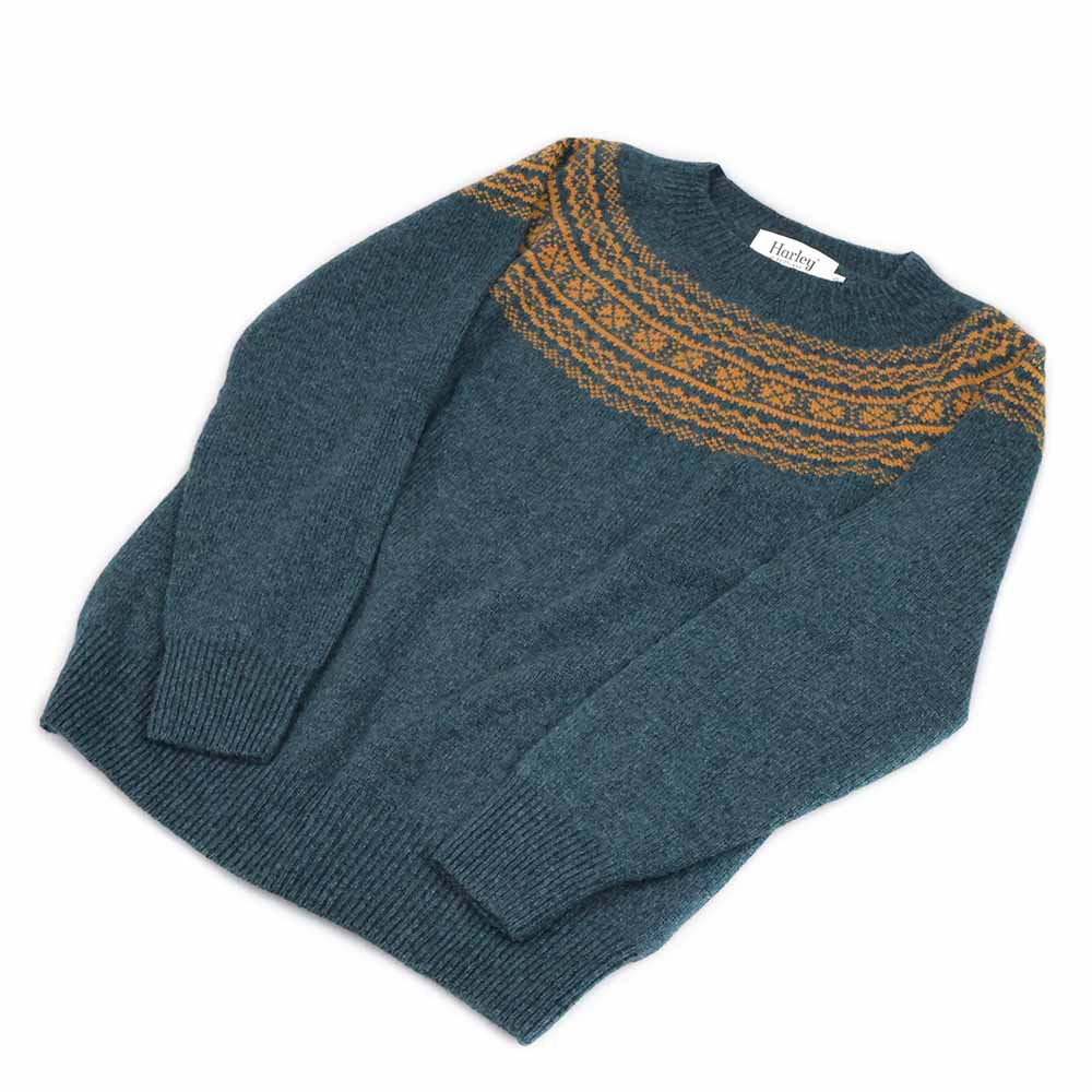 Harley-Scotland-Damen-Fairisle-Pullover-Pastel-Teal-Gelb