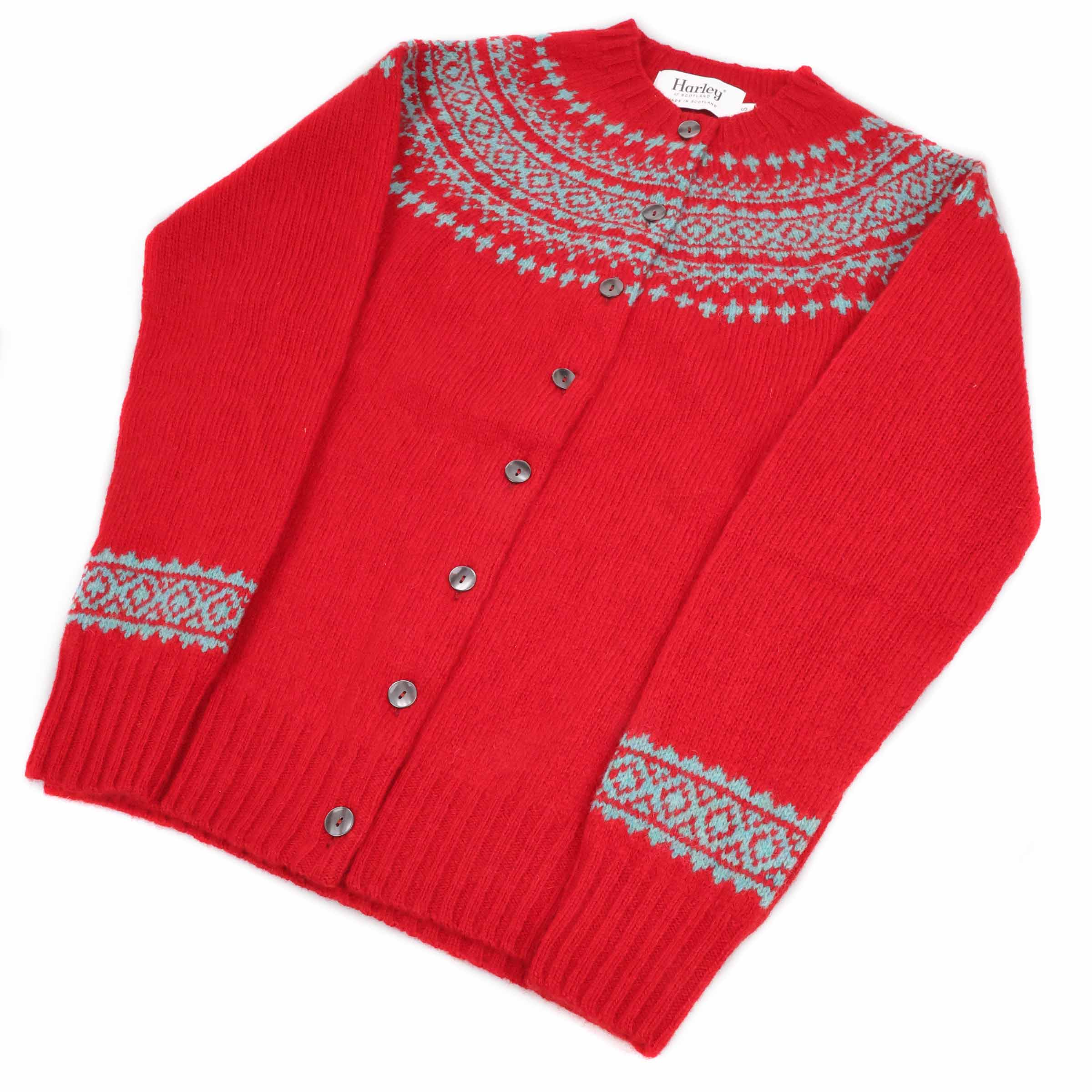 Harley of Scotland Damen Fairisle Strickjacke Cardinal Rot mit Hummingbird — Rundpasse-Fairisle-Muster, Perlmuttknoepfe, 100% Supersoft Schurwolle, Made in Scotland